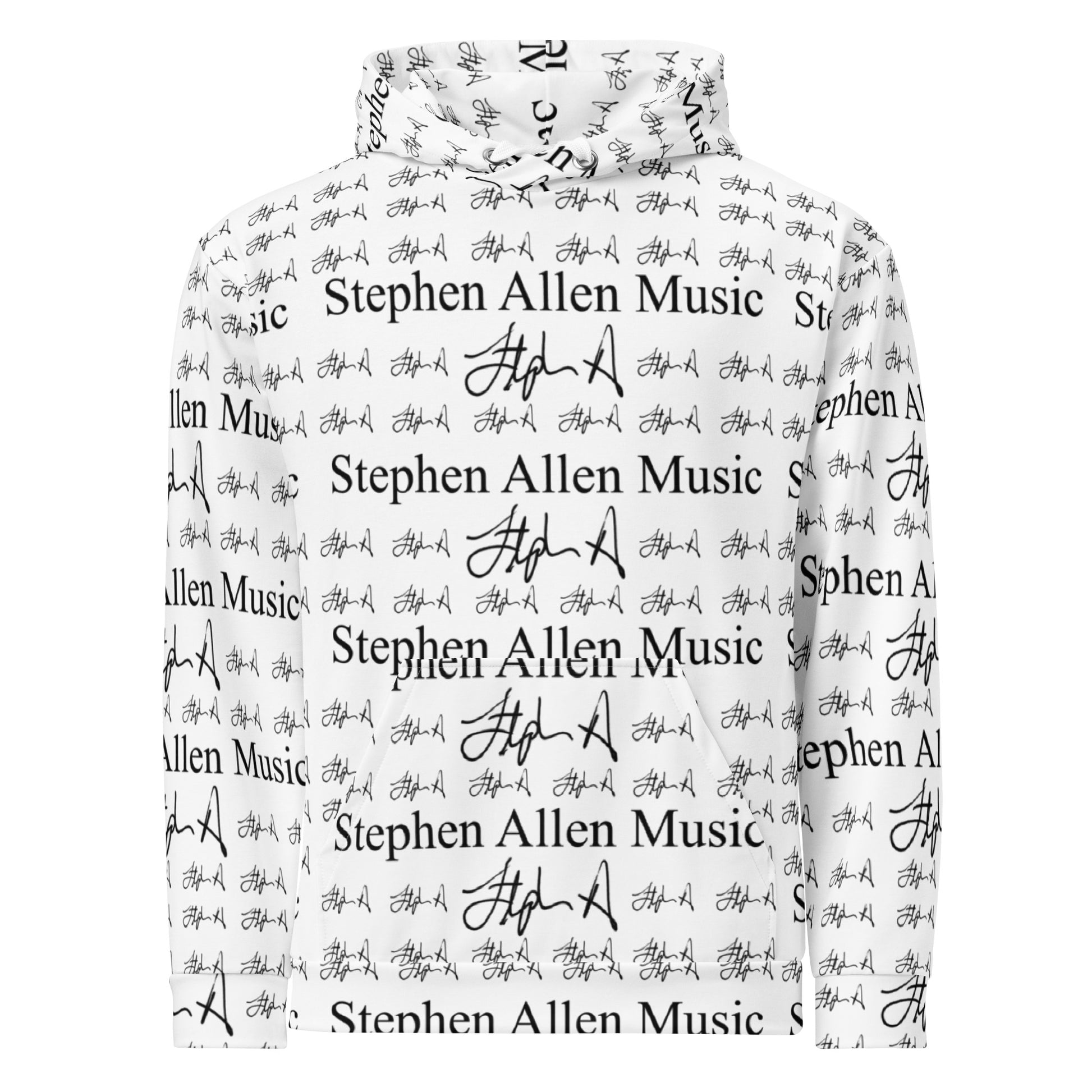 A white pullover hoodie featuring an all-over white repeating print of 'Stephen Allen Music' text and signatures, shown against a plain white background.