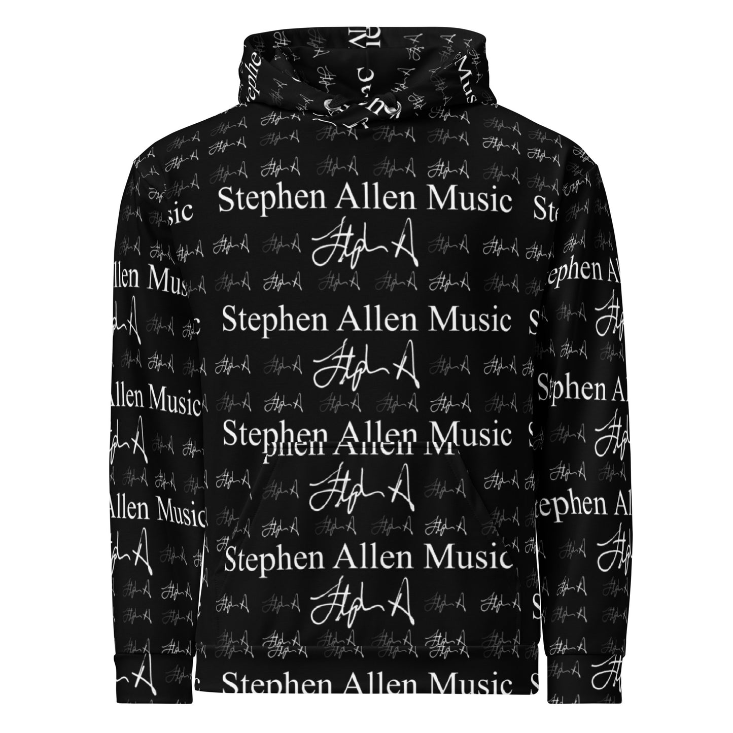 A black pullover hoodie featuring an all-over white repeating print of 'Stephen Allen Music' text and signatures, shown against a plain white background.
