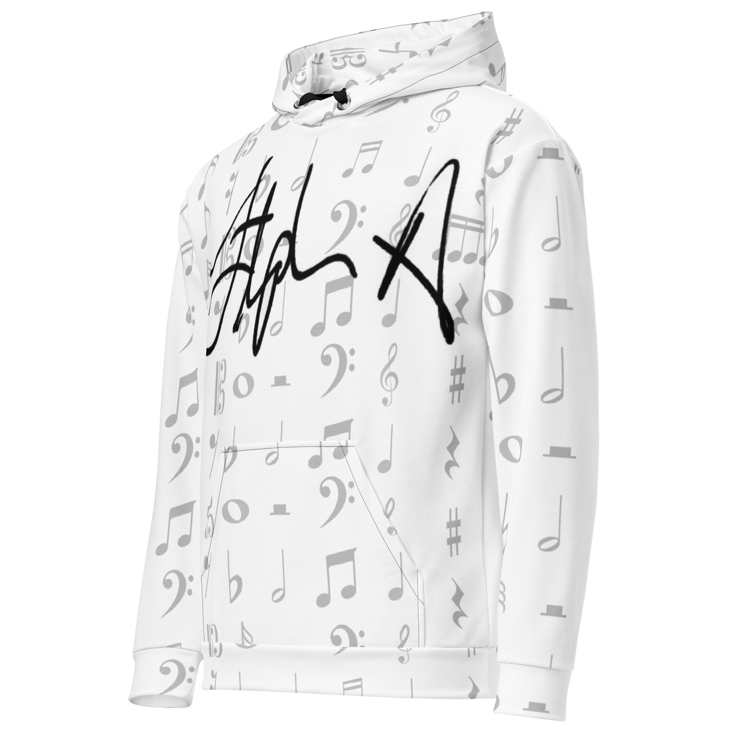 White hoodie with black musical note pattern and signature on a white background Stephen Allen Music