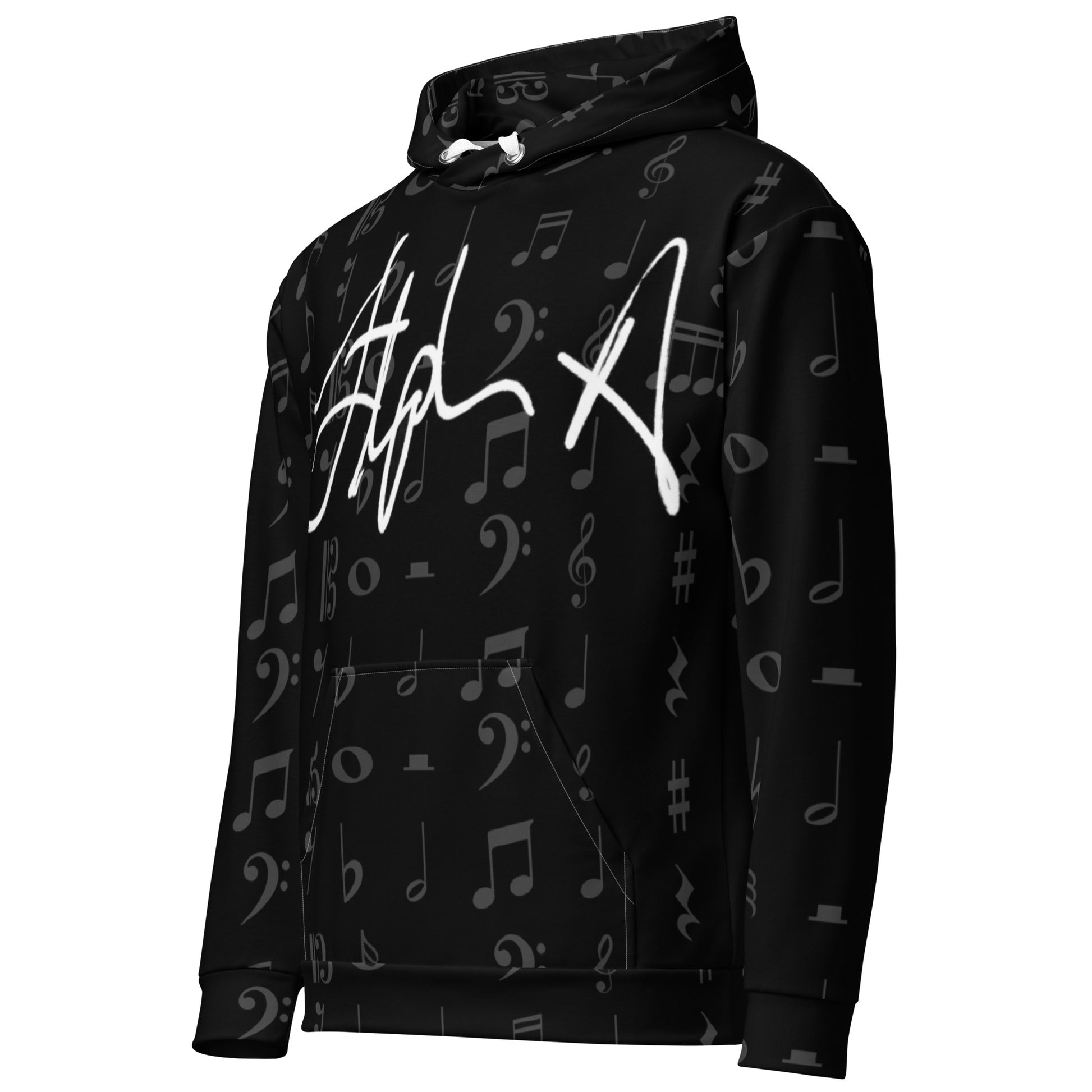 Black hoodie with music note pattern and white logo on a white background Stephen Allen Music