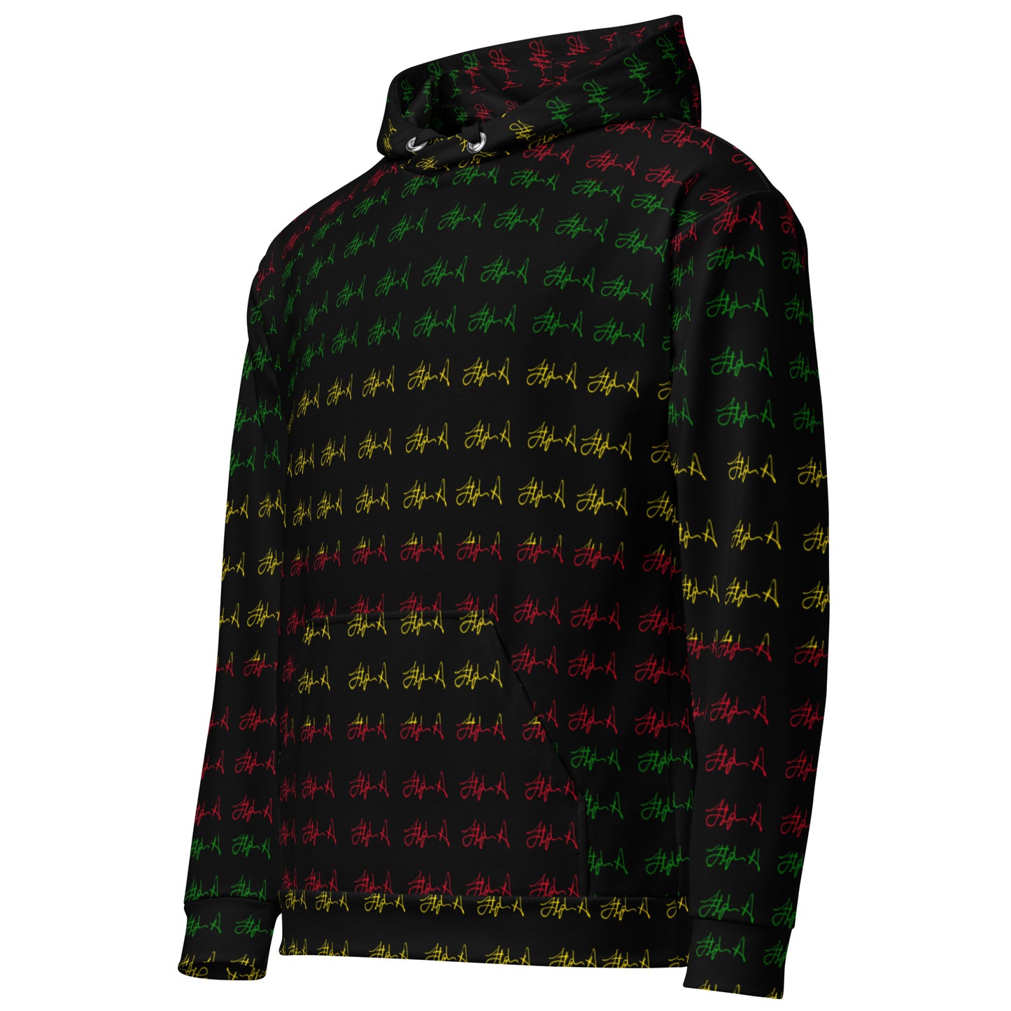 A black pullover hoodie featuring an all-over repeating pattern of stylized red and green graffiti-style letters, shown against a plain white background.