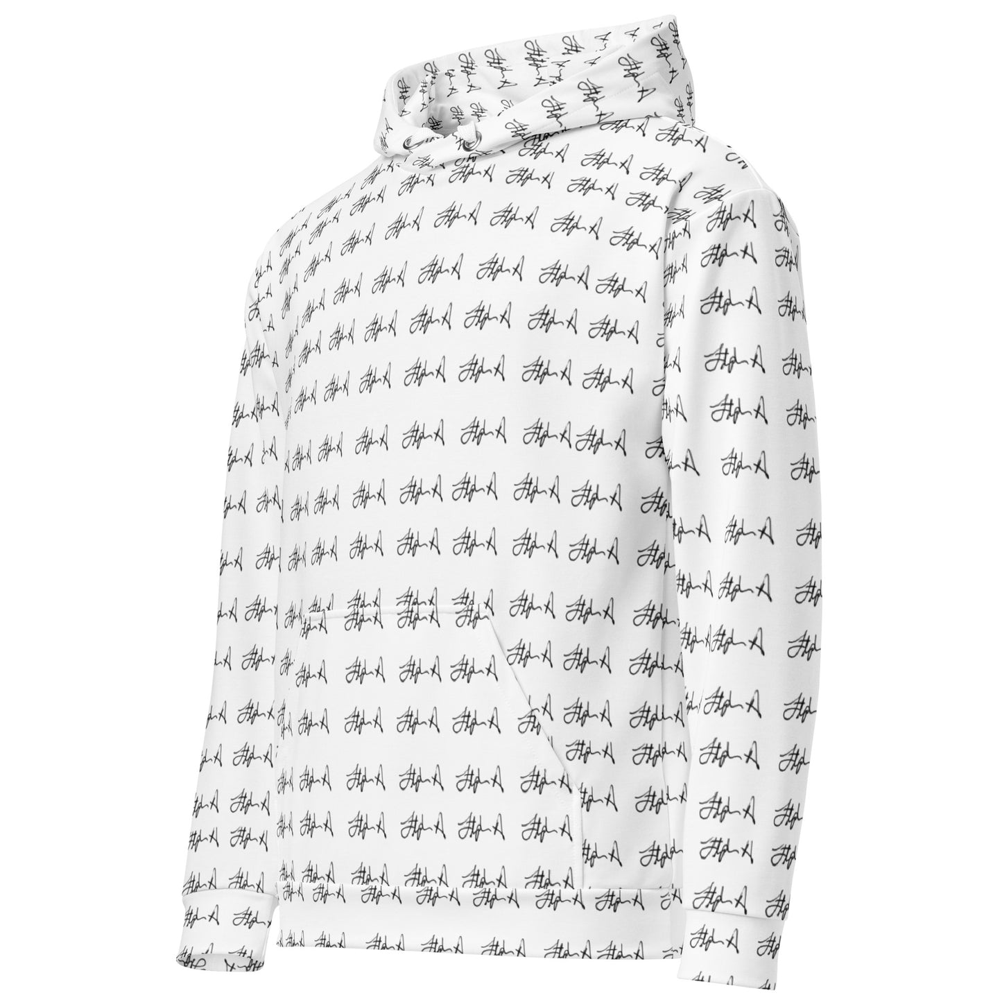 A white hooded sweatshirt with an all-over black script print, shown on a clean white background.