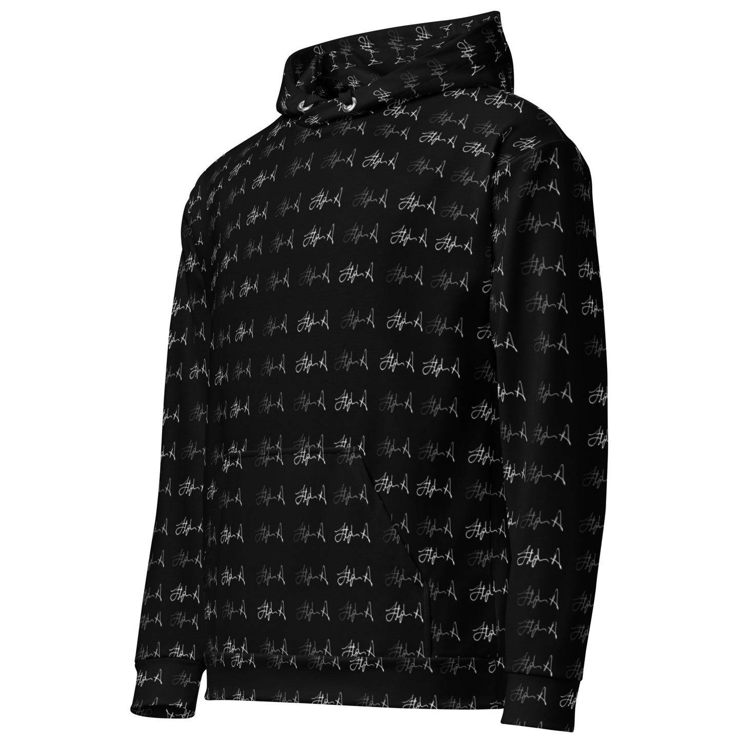 Black hoodie with a white logo on a white background