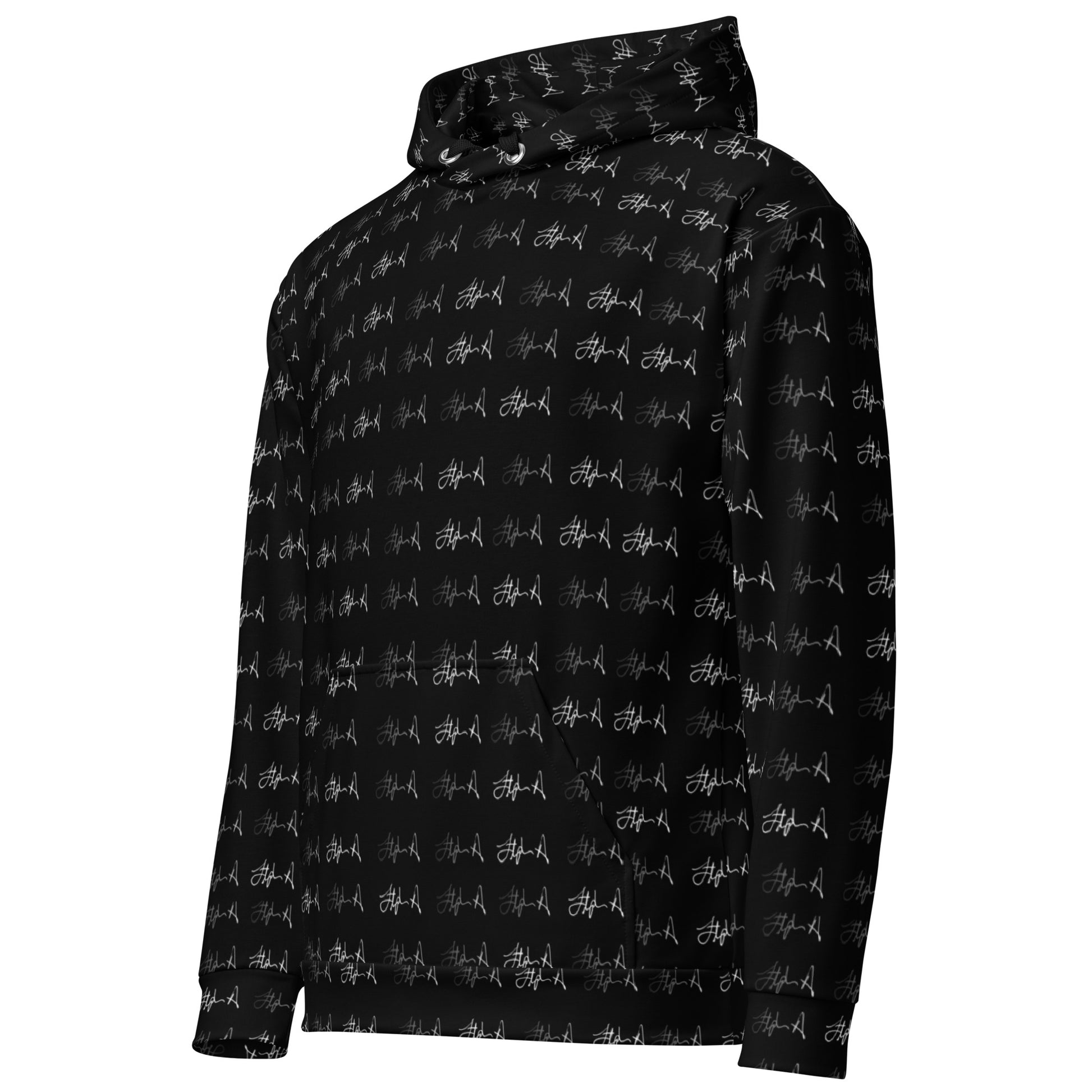 Black hoodie with a white logo on a white background