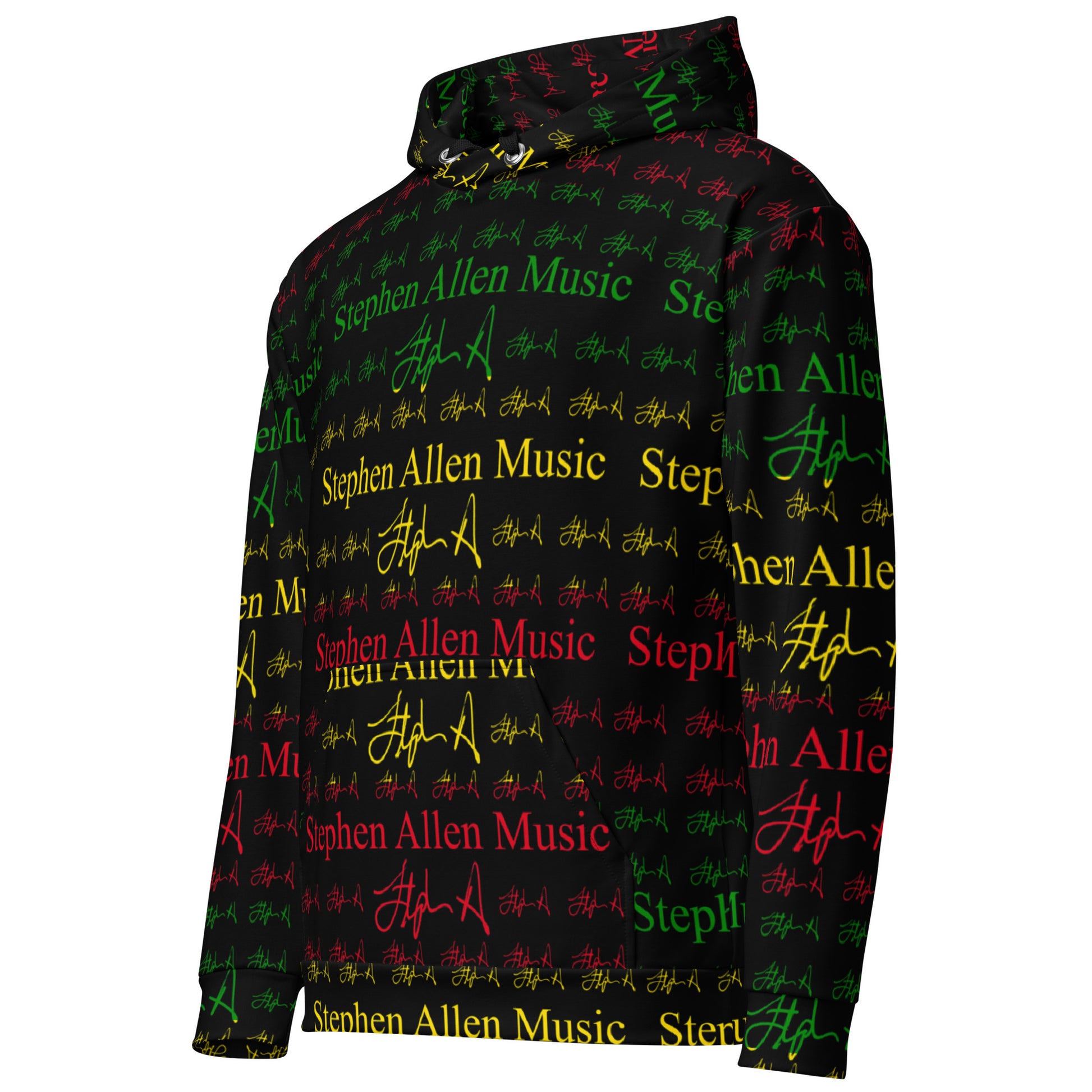 A black pullover hoodie featuring an all-over repeating pattern of 'Stephen Allen Music' text in red, green, and yellow, interspersed with stylized signatures. The hoodie is shown on a plain white background.
