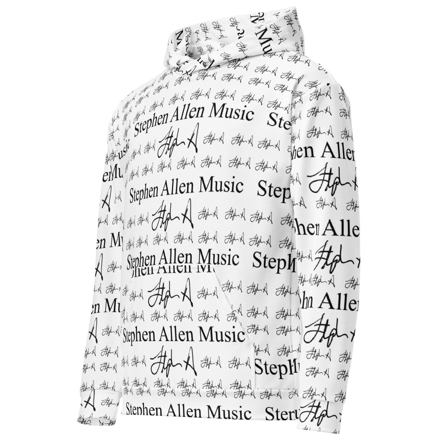 A white long-sleeve hoodie featuring an all-over black print of 'Stephen Allen Music' text and signatures, shown on a plain white background.