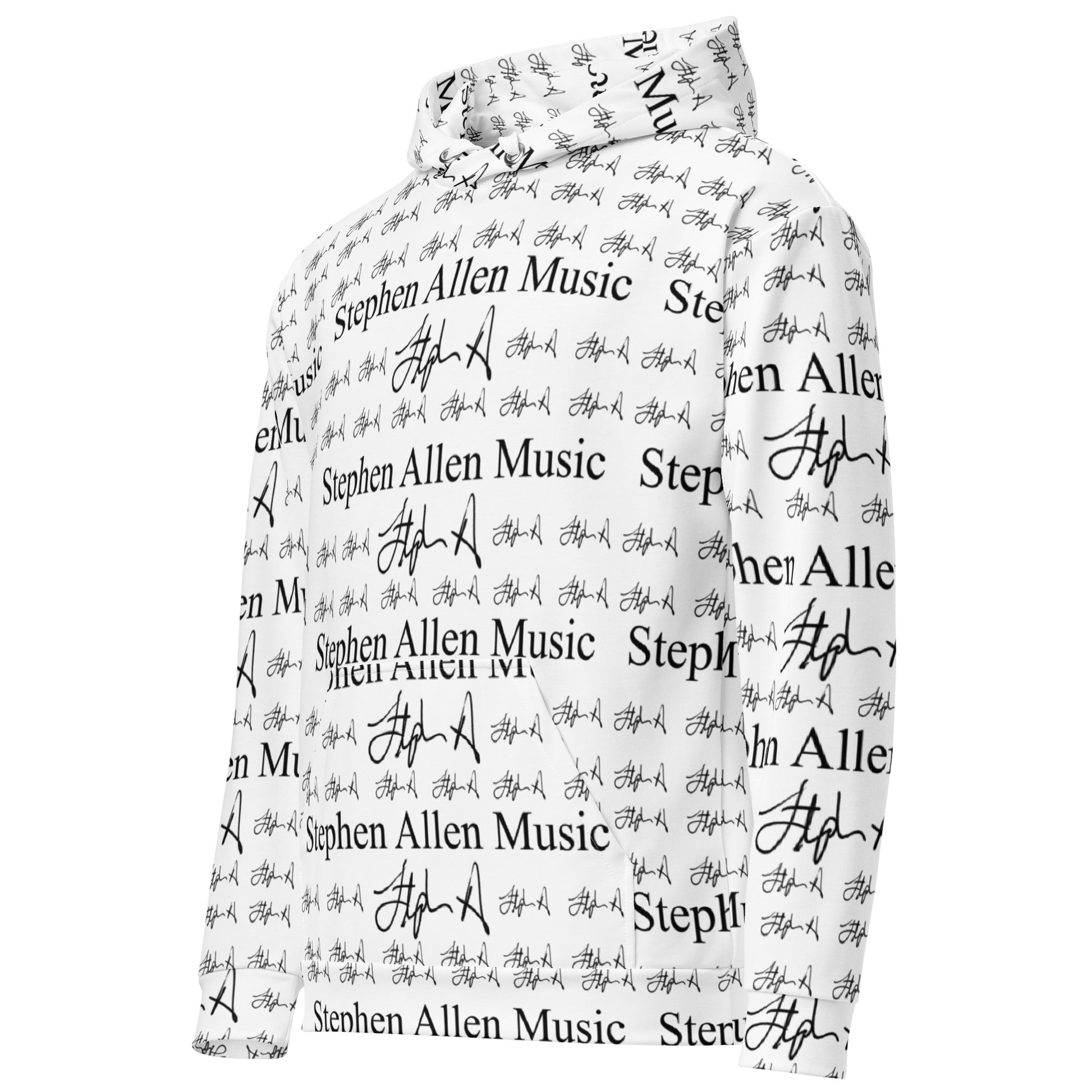A white long-sleeve hoodie featuring an all-over black print of 'Stephen Allen Music' text and signatures, shown on a plain white background.