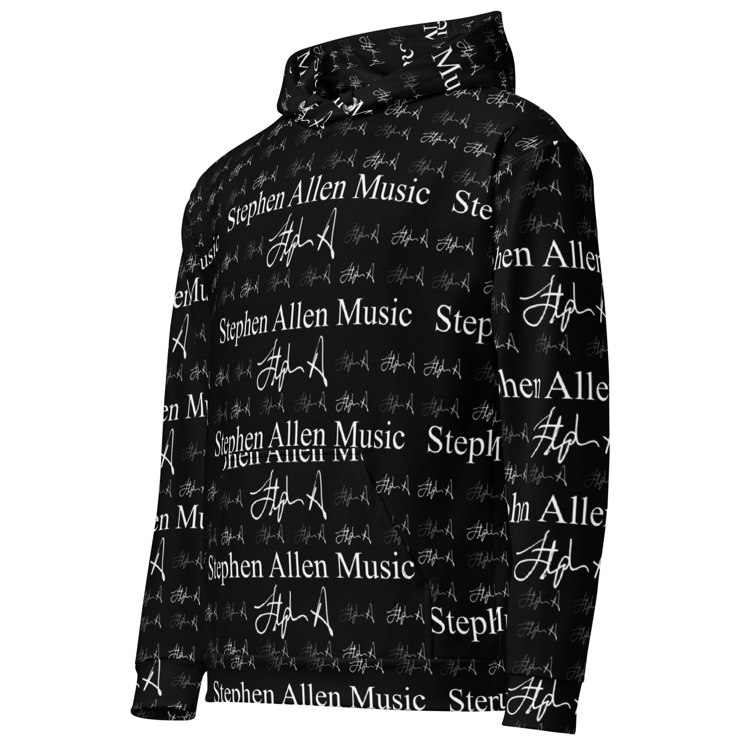 A black pullover hoodie featuring an all-over white repeating print of 'Stephen Allen Music' text and signatures, shown against a plain white background.