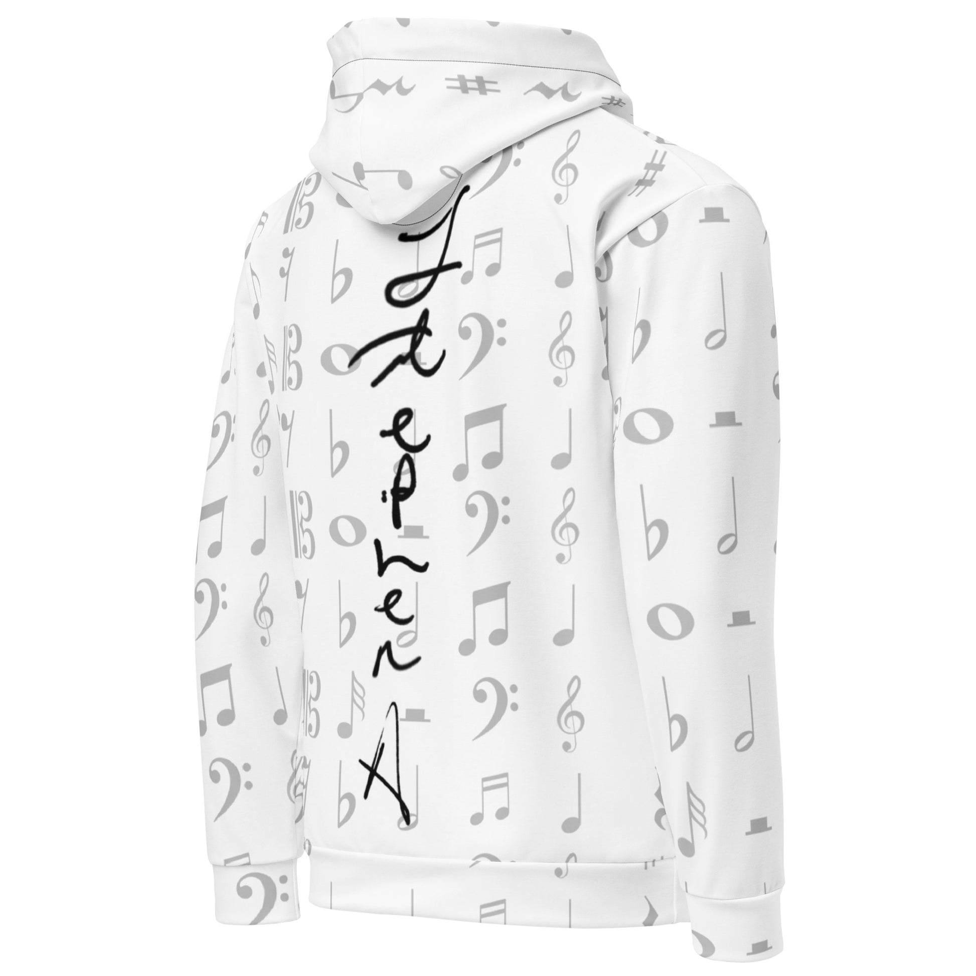 White hoodie with musical note patterns and text on a white background Stephen Allen Music