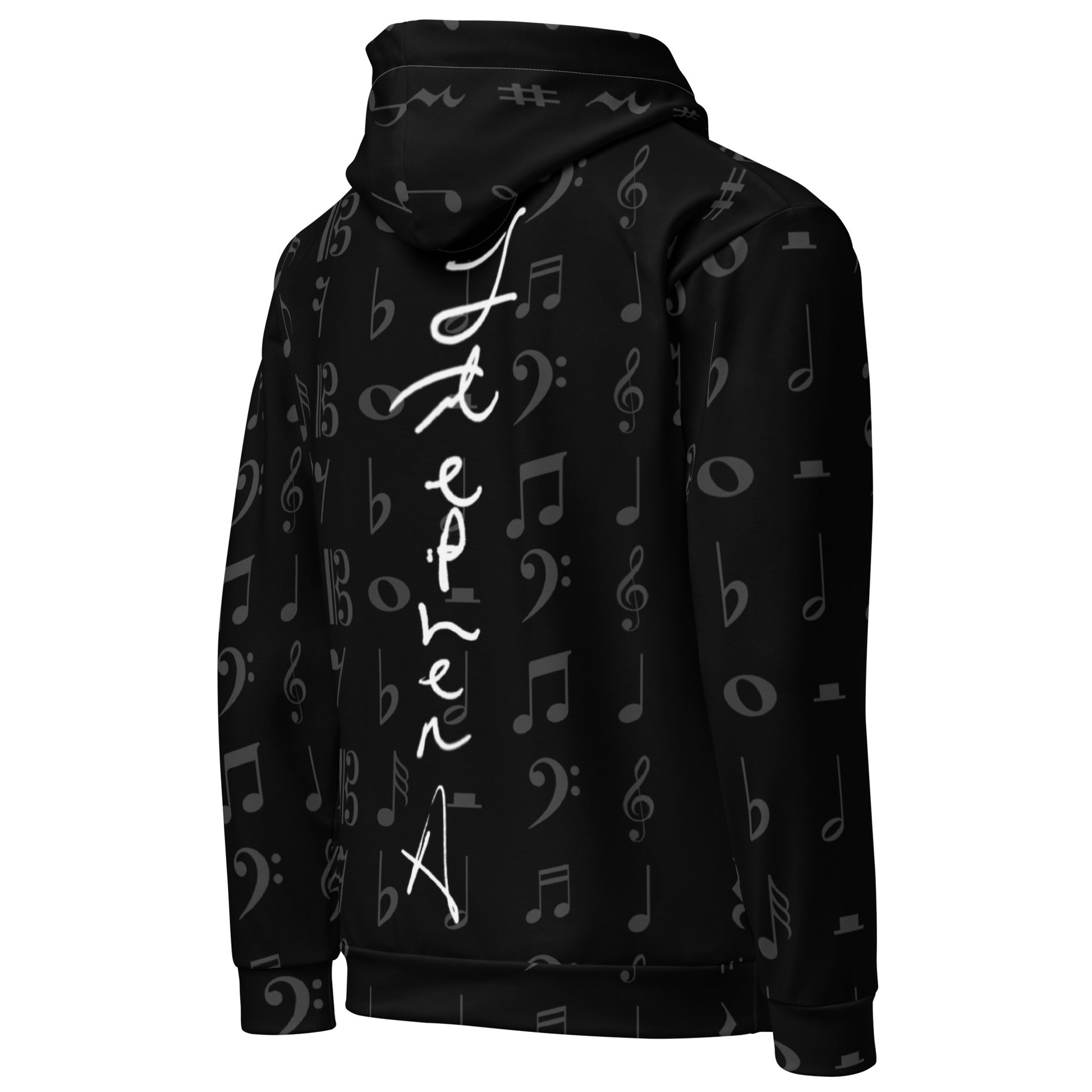 Black hoodie with music note pattern and white text on a white background Stephen Allen Music