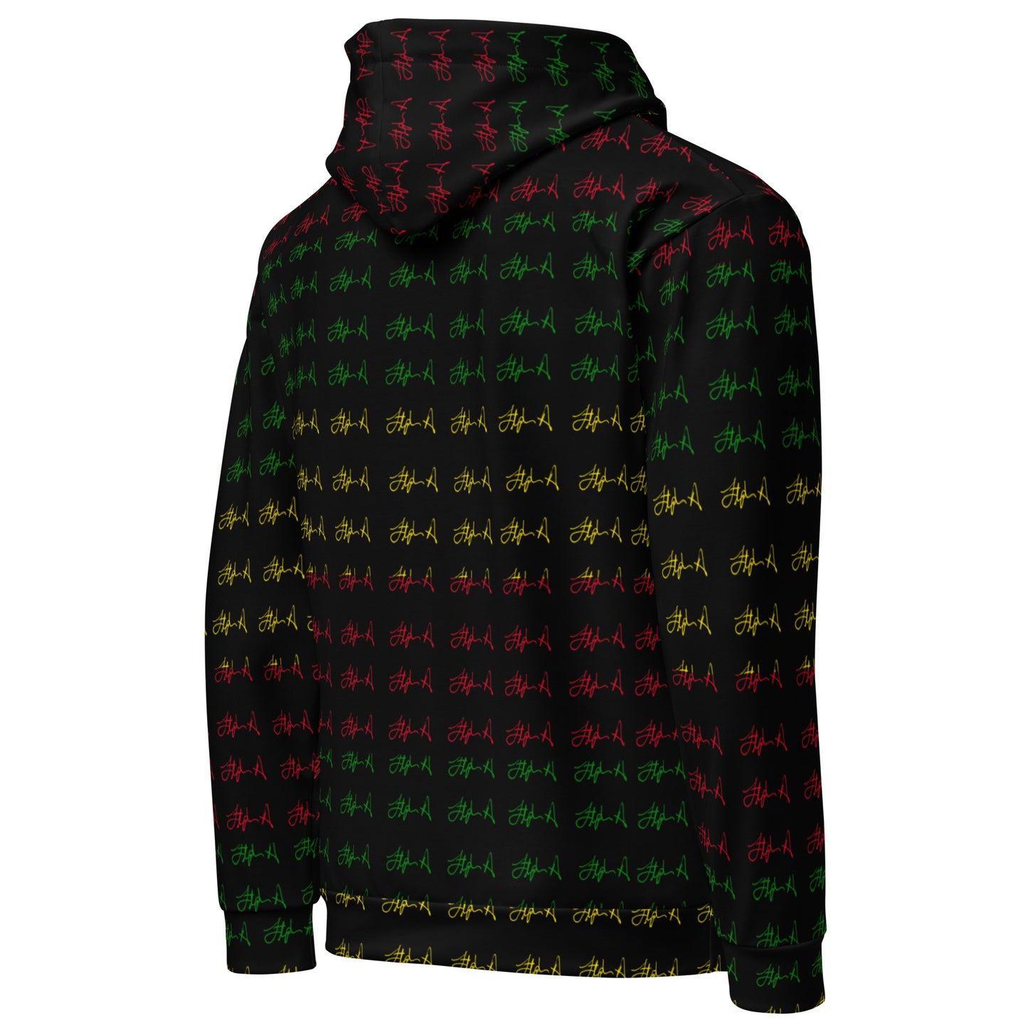 A black pullover hoodie featuring an all-over repeating pattern of stylized red and green graffiti-style letters, shown against a plain white background.