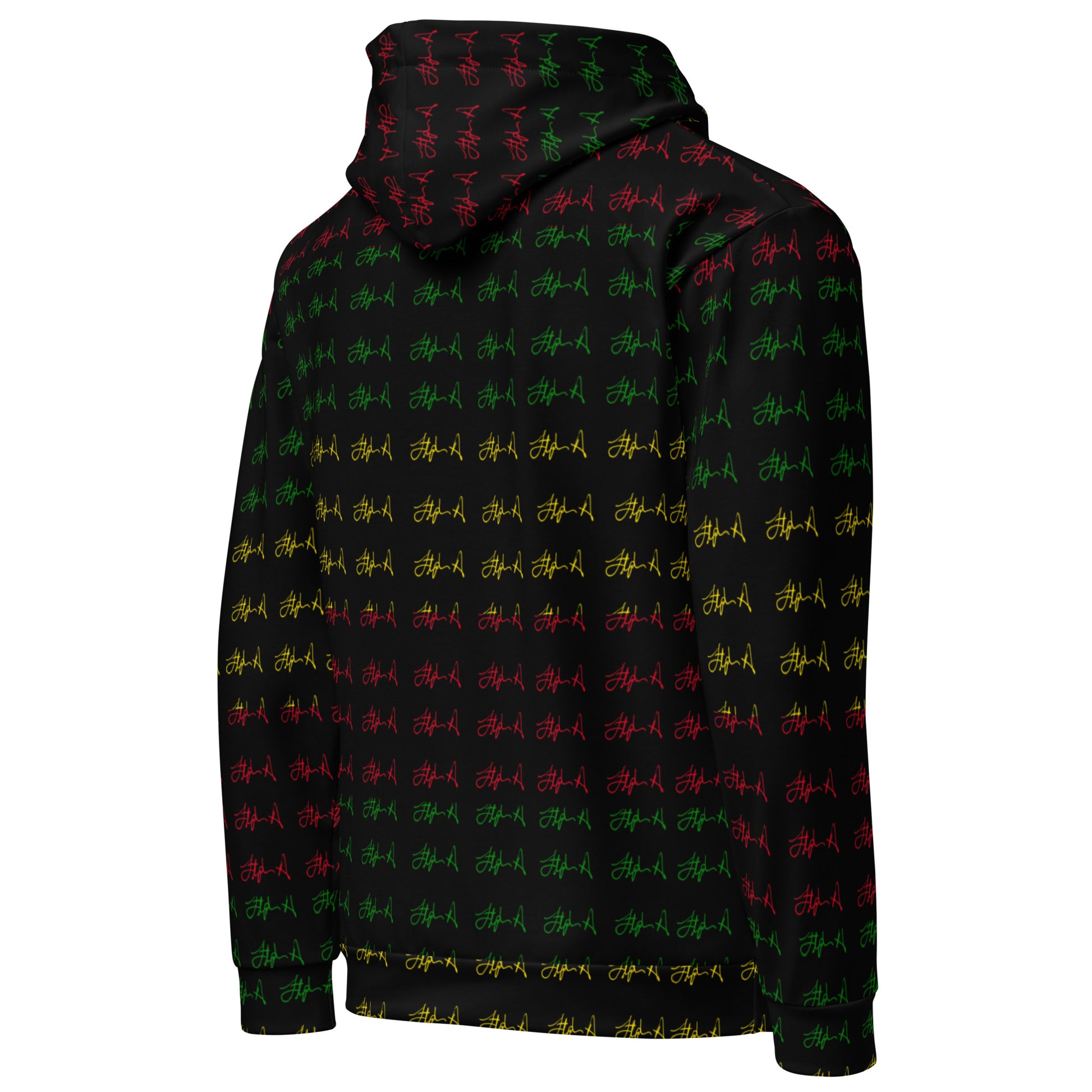 A black pullover hoodie featuring an all-over repeating pattern of stylized red and green graffiti-style letters, shown against a plain white background.