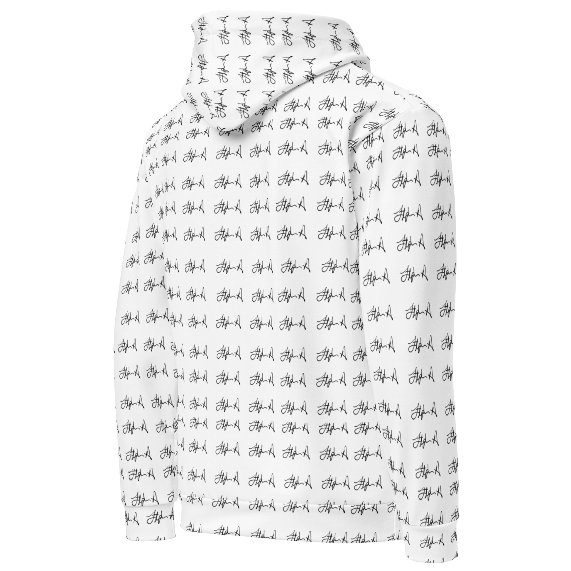 A white hooded sweatshirt featuring an all-over black repeating script pattern, shown on a plain white background.