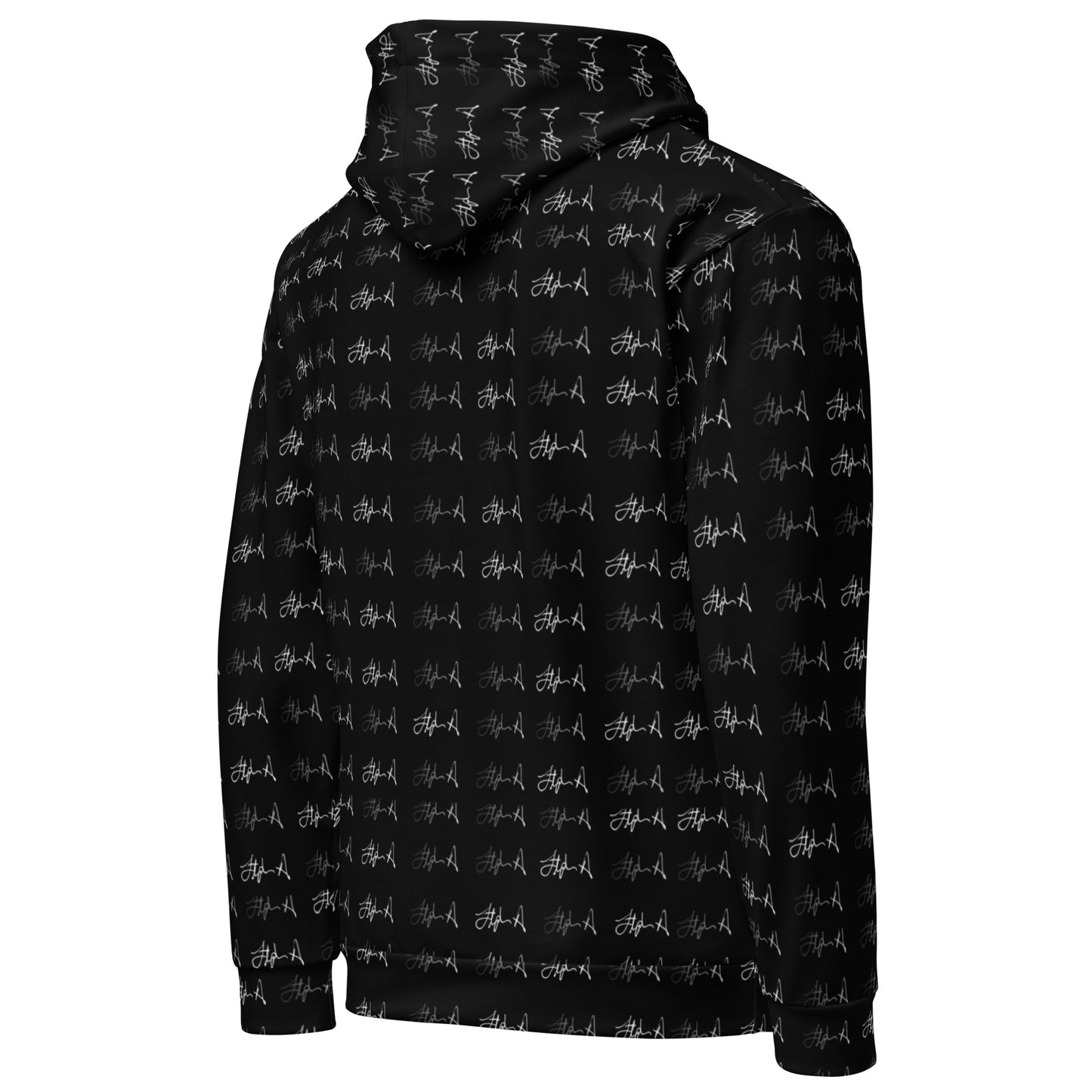 Black hoodie with a white logo on a white background