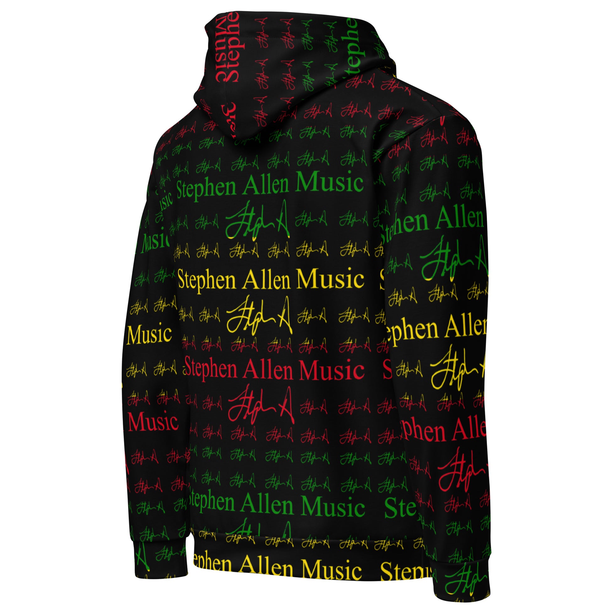 A black pullover hoodie featuring an all-over repeating pattern of 'Stephen Allen Music' text in red, green, and yellow, interspersed with stylized signatures. The hoodie is shown against a plain white background.