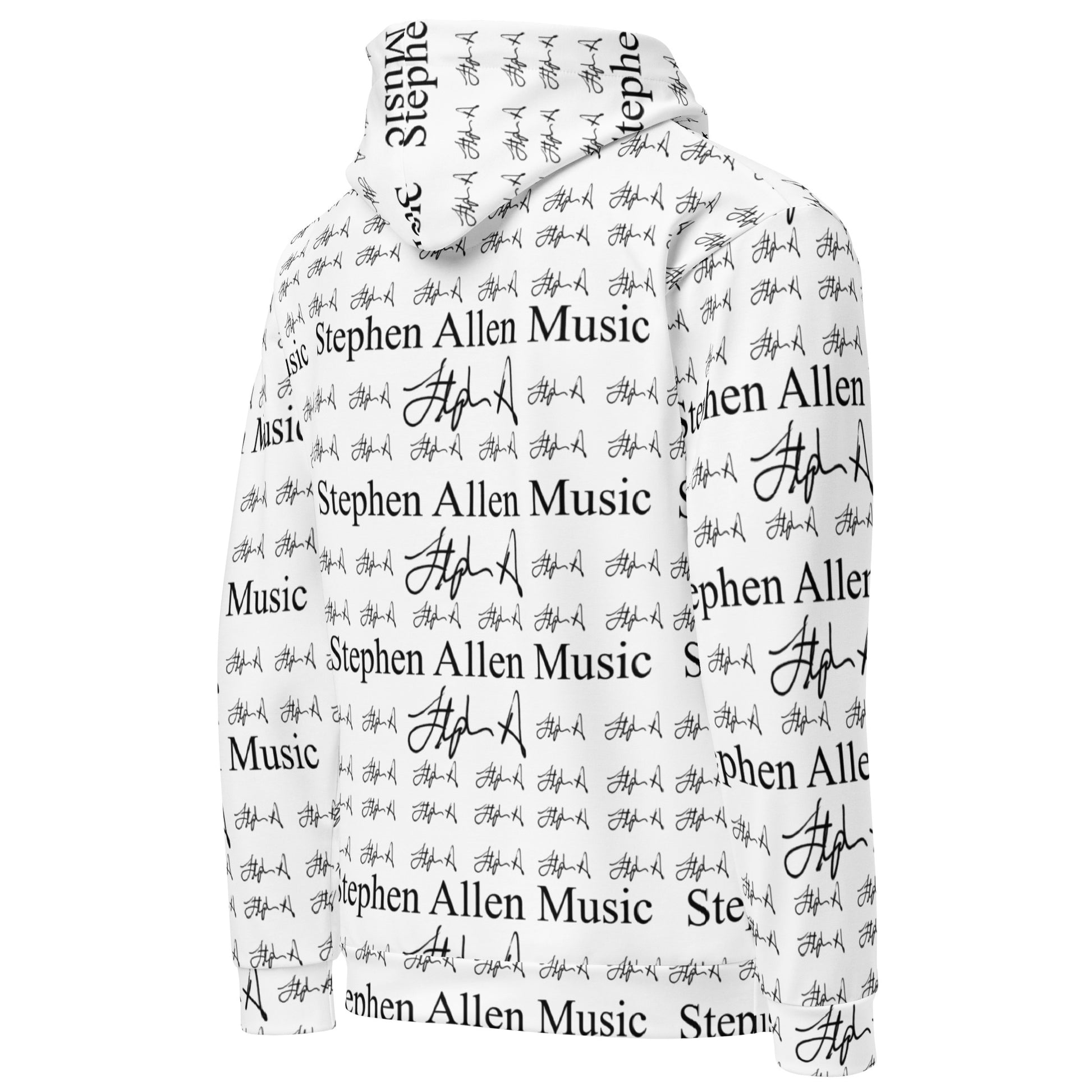 A white hooded sweatshirt featuring an all-over black repeating print of 'Stephen Allen Music' alongside musical notes and signatures, shown against a plain white background.