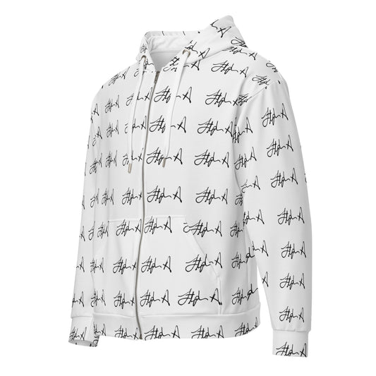 A white zip-up hoodie with an all-over black script logo print, shown on a clean white background. Stephen Allen Music
