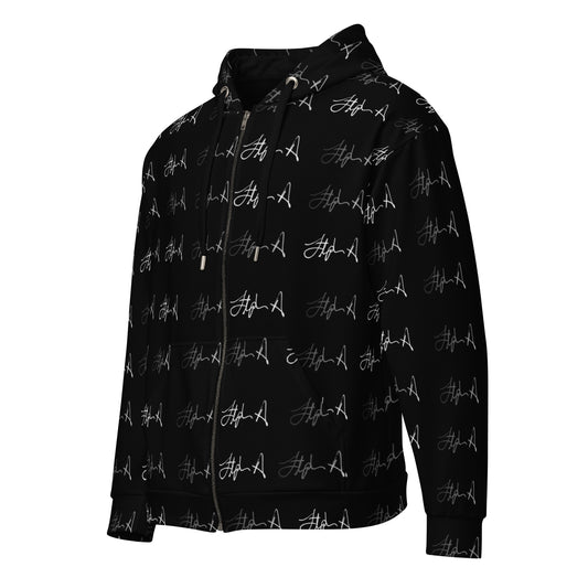 Black hoodie with script pattern on a white background Stephen Allen Music