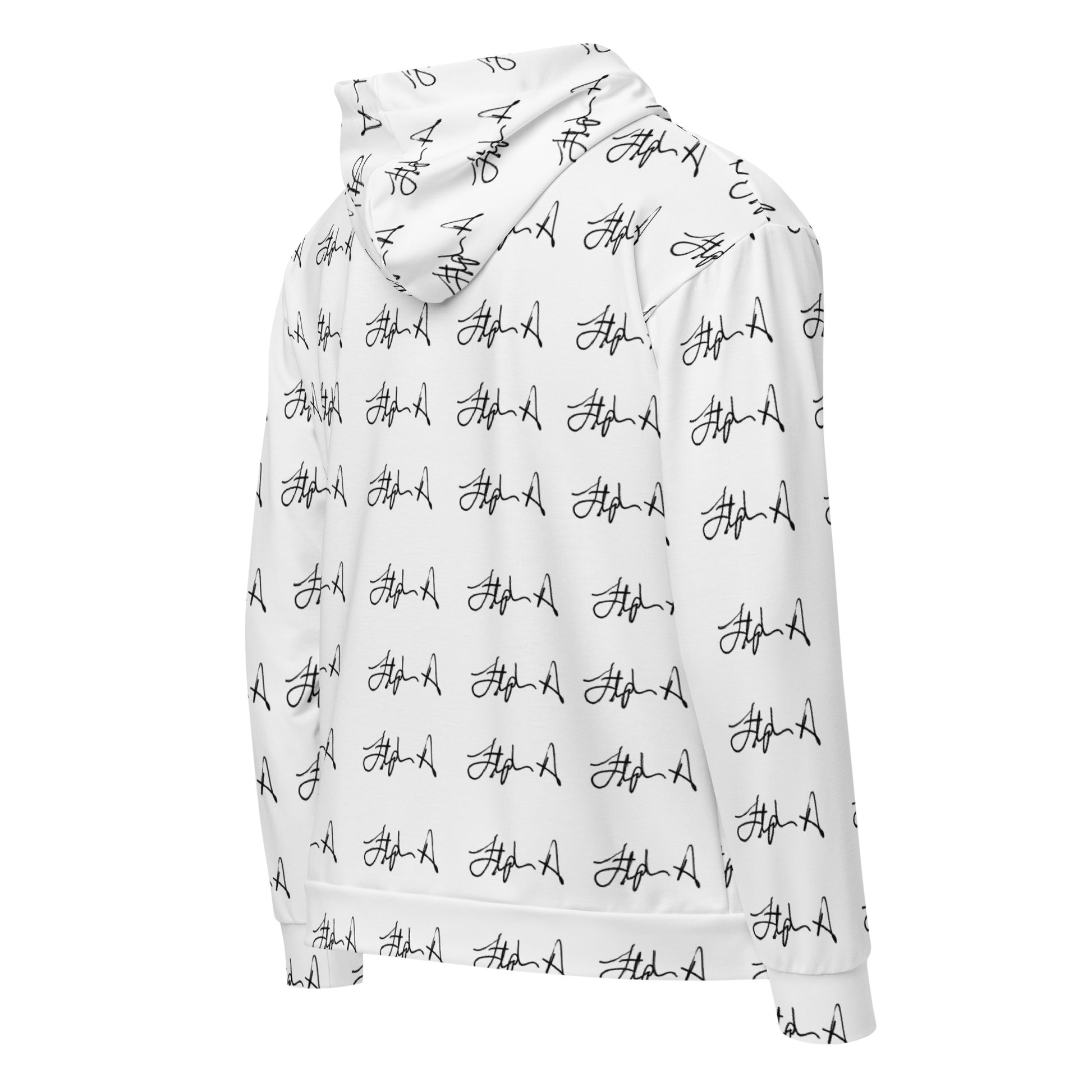 A white zip-up hoodie with an all-over black script logo print, shown on a clean white background. Stephen Allen Music