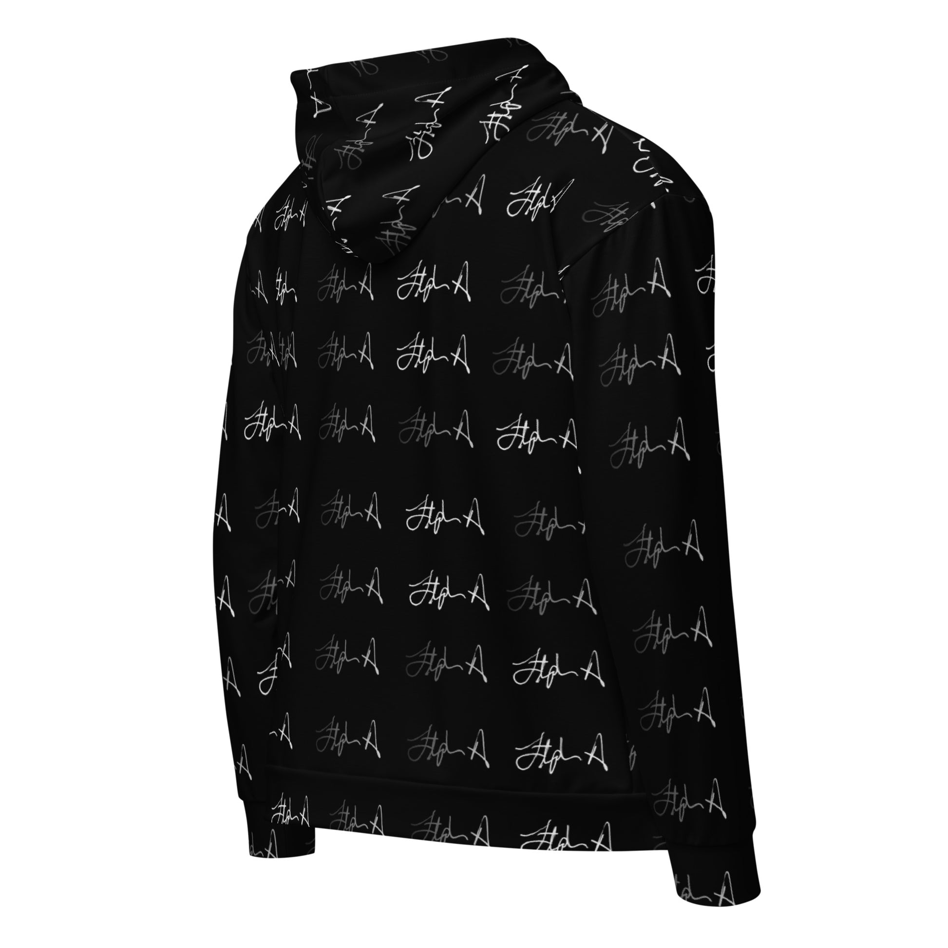 Black hoodie with script pattern on a white background Stephen Allen Music
