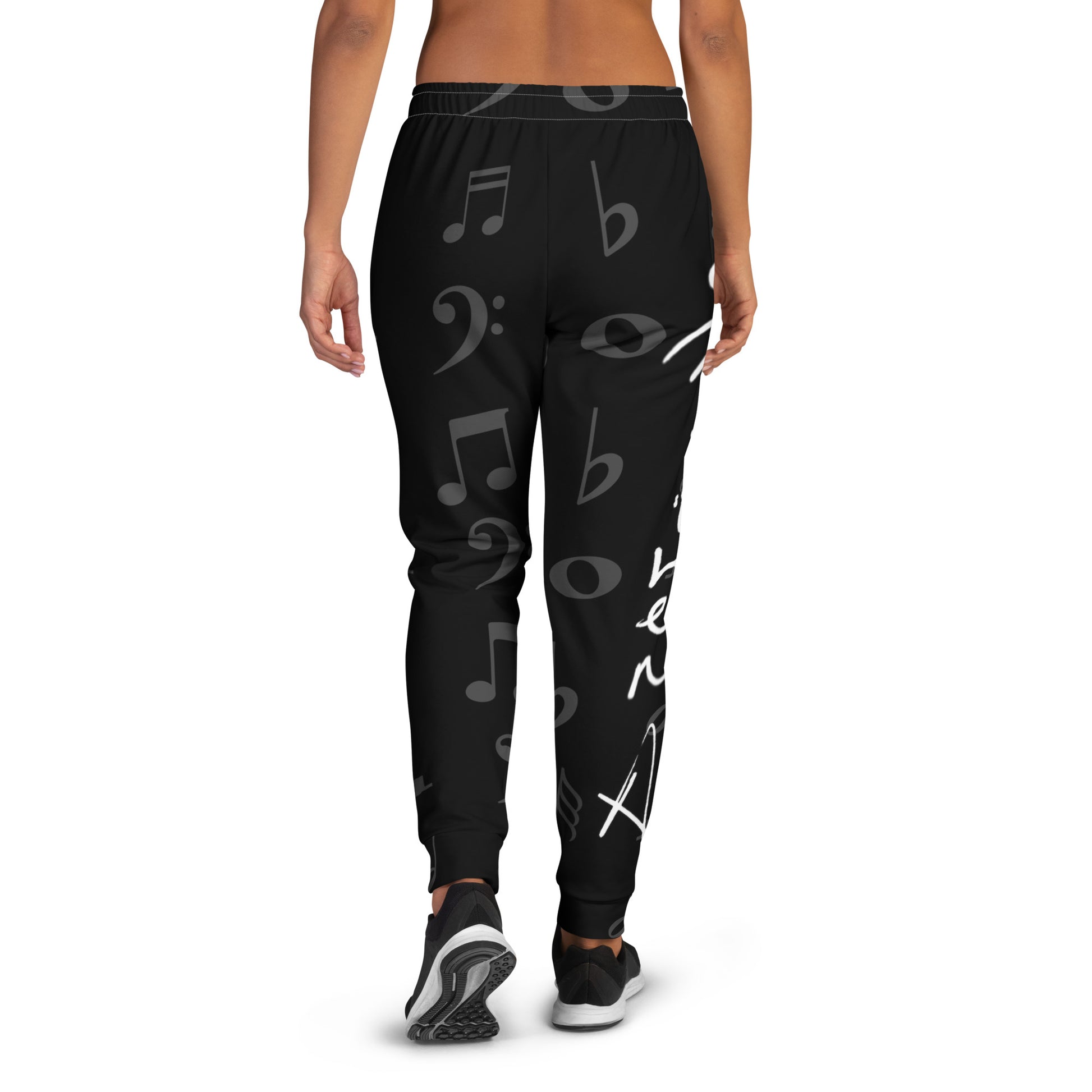 Black jogger pants with musical notes on a white background Stephen Allen Music