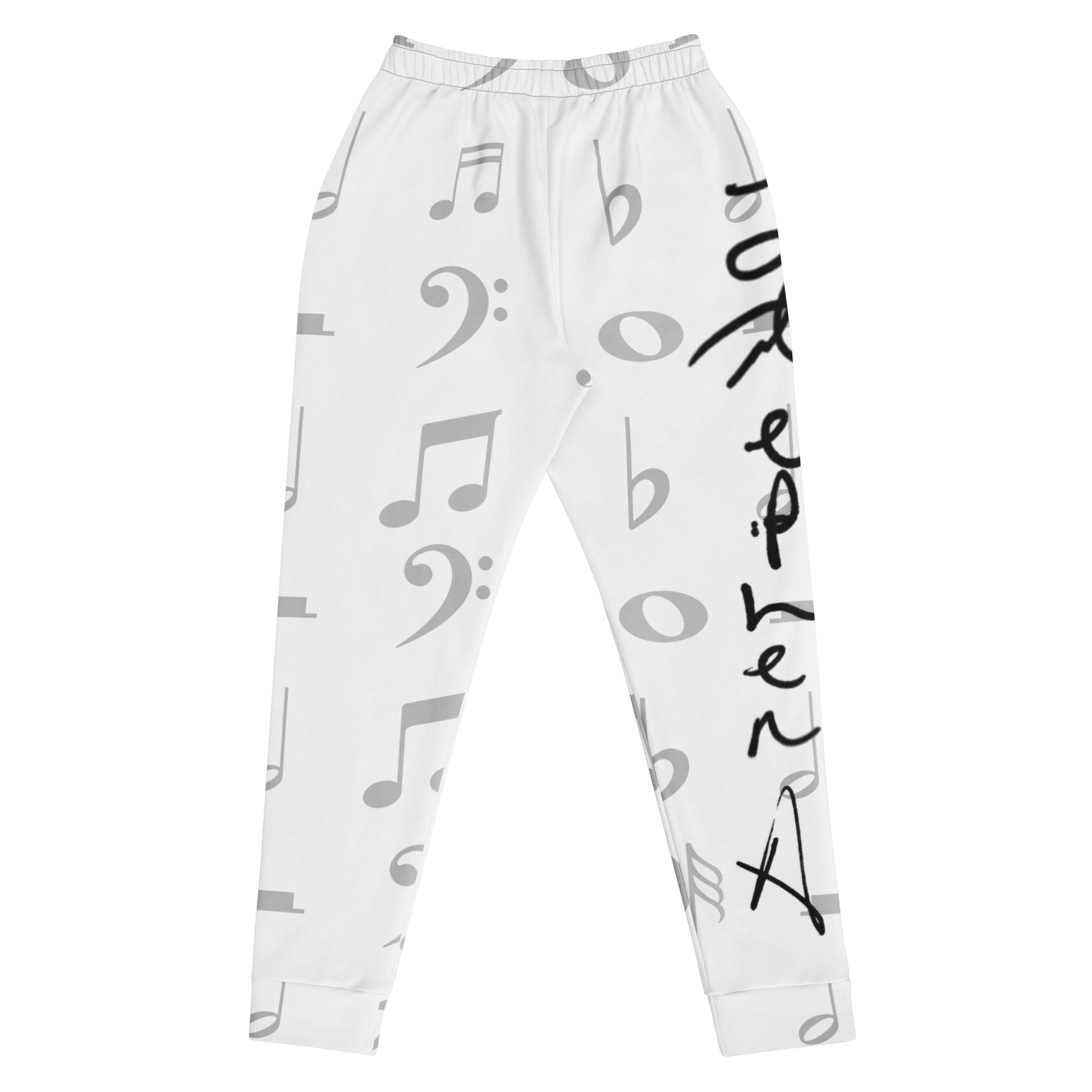 White pants with musical note and text pattern on a white background Stephen Allen Music