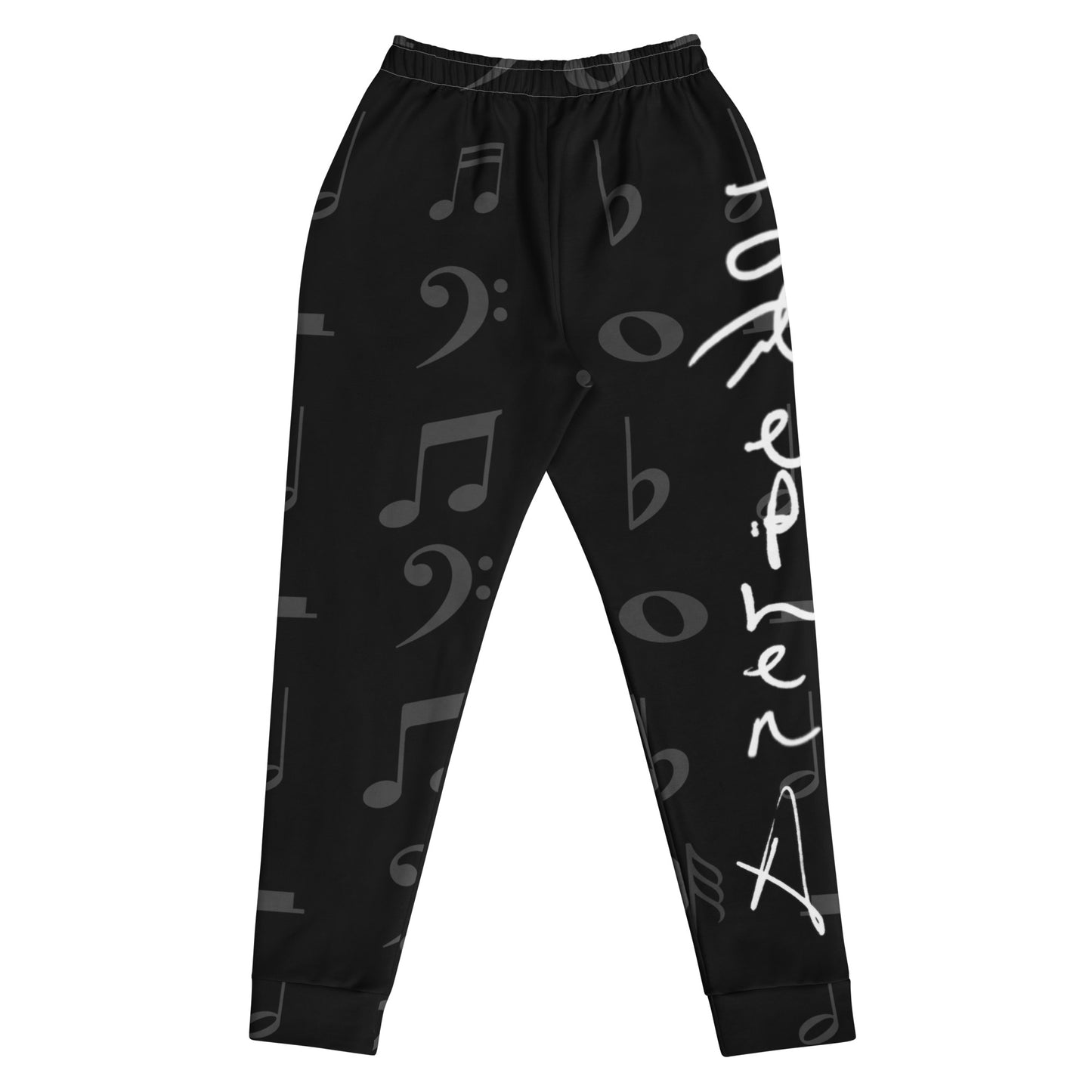 Black pants with musical note and text pattern on a white background Stephen Allen Music