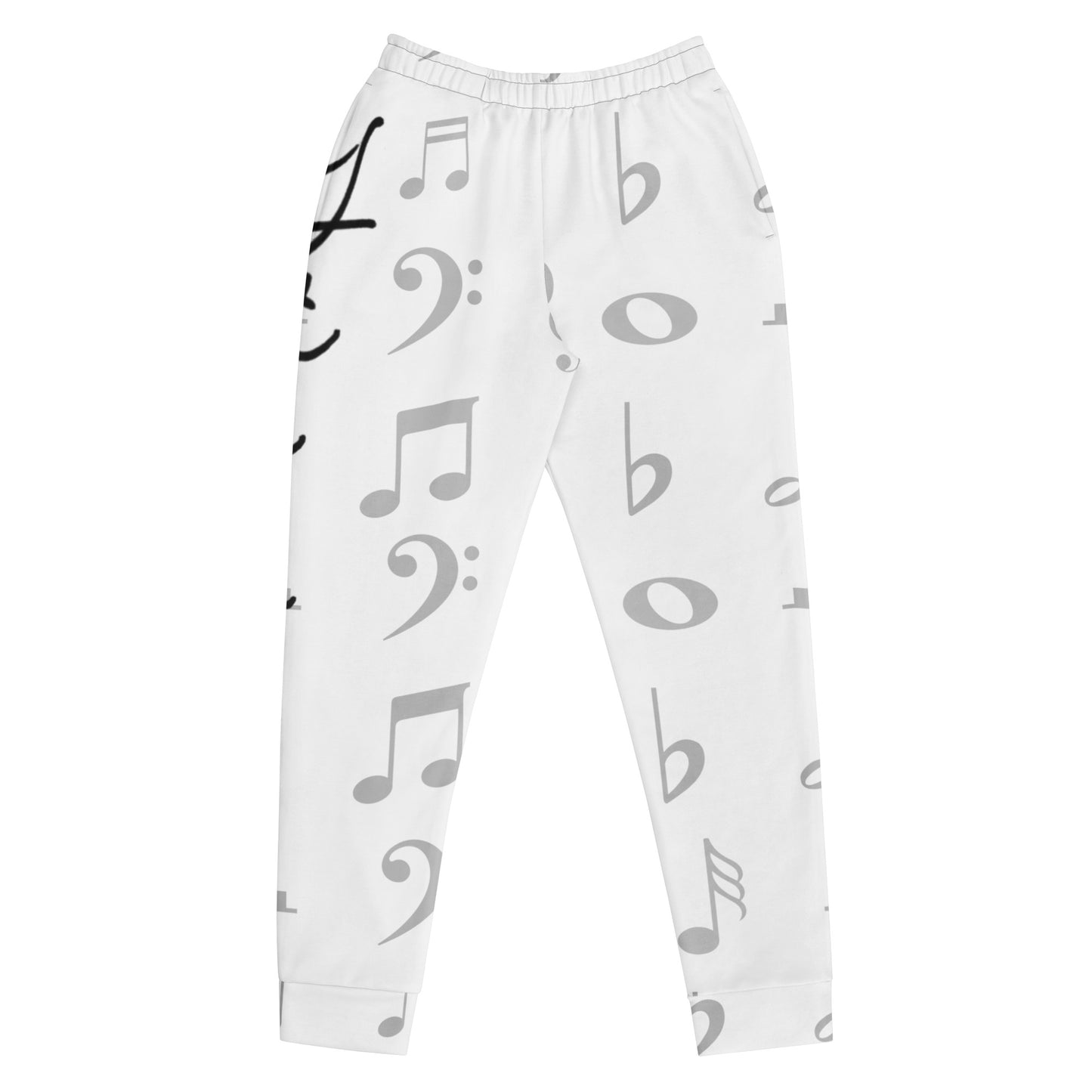 White pants with musical note and bass clef pattern on a white background Stephen Allen Music