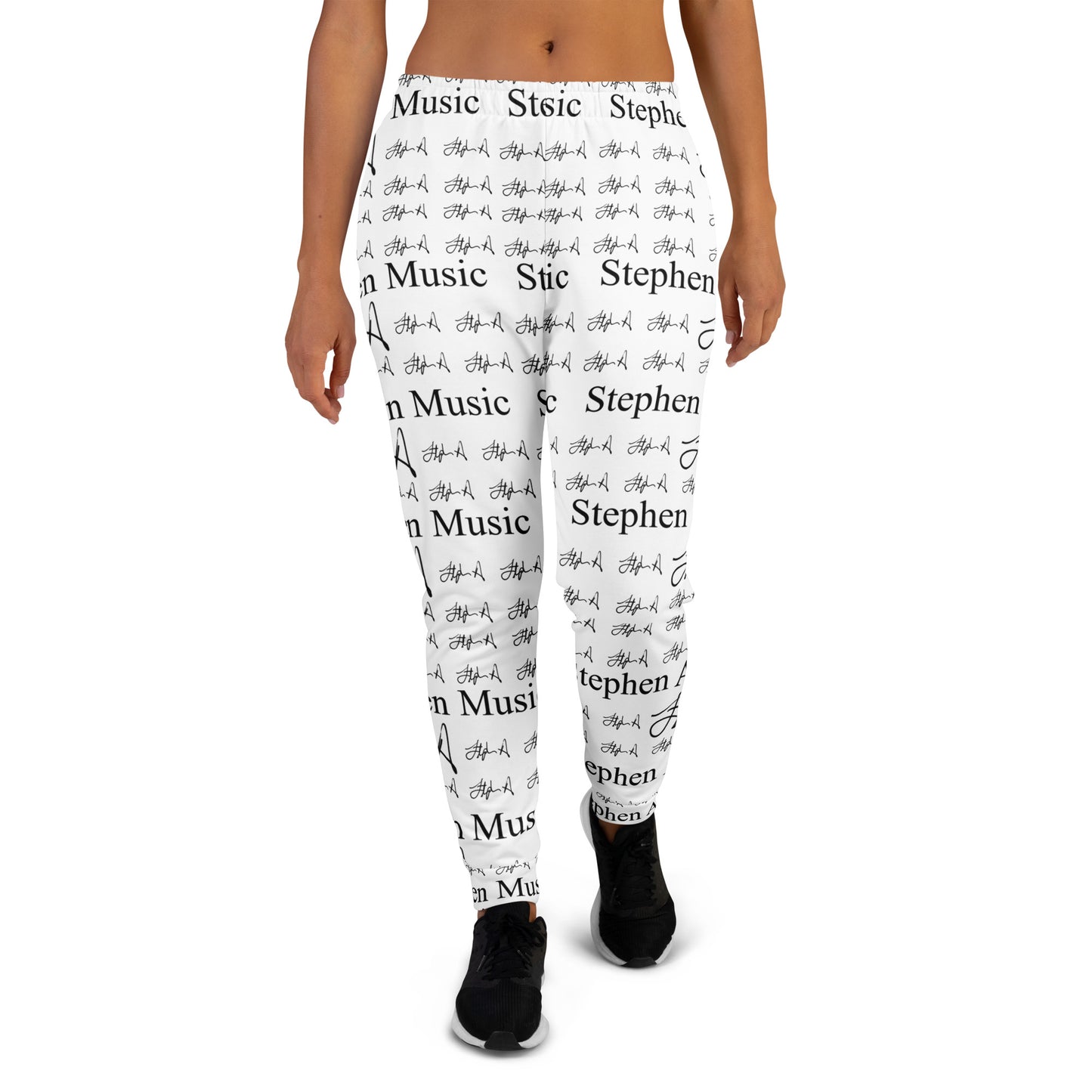 White leggings with a black repeating text and script pattern reading 'Stephen Allen Music ', shown on a model from the waist down against a plain white background.