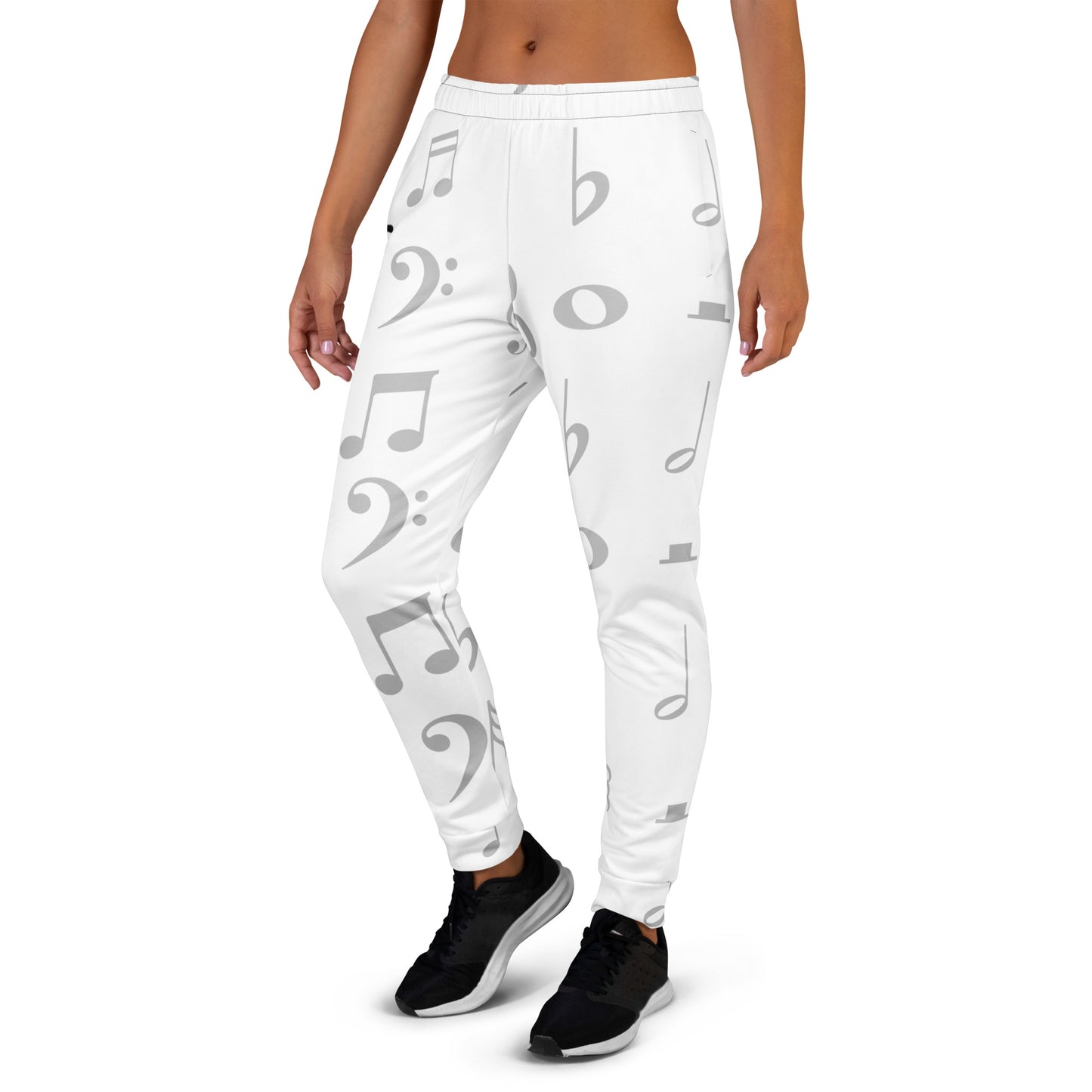 White leggings with musical note pattern worn by a person on a white background Stephen Allen Music