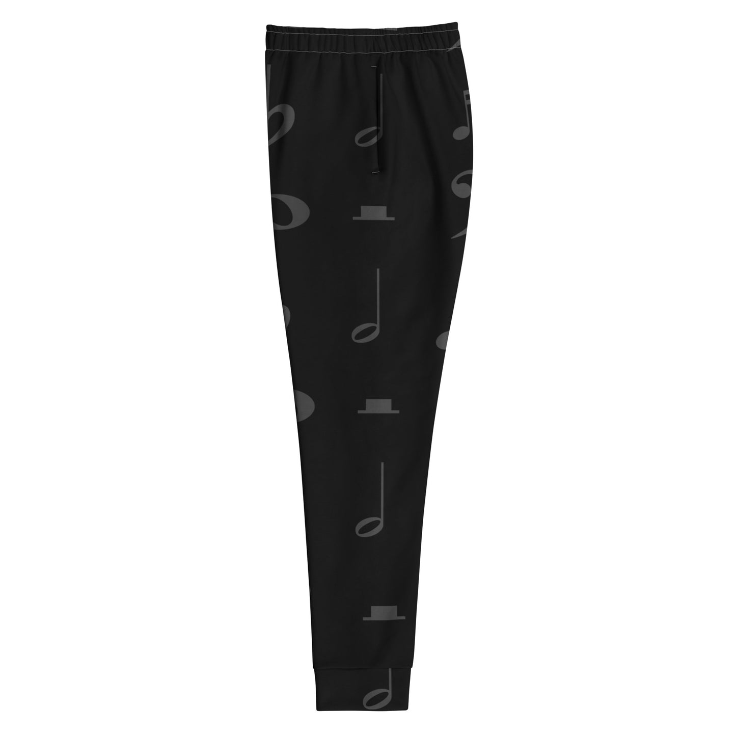 Black pants with music note and hat pattern on a white background Stephen Allen Music