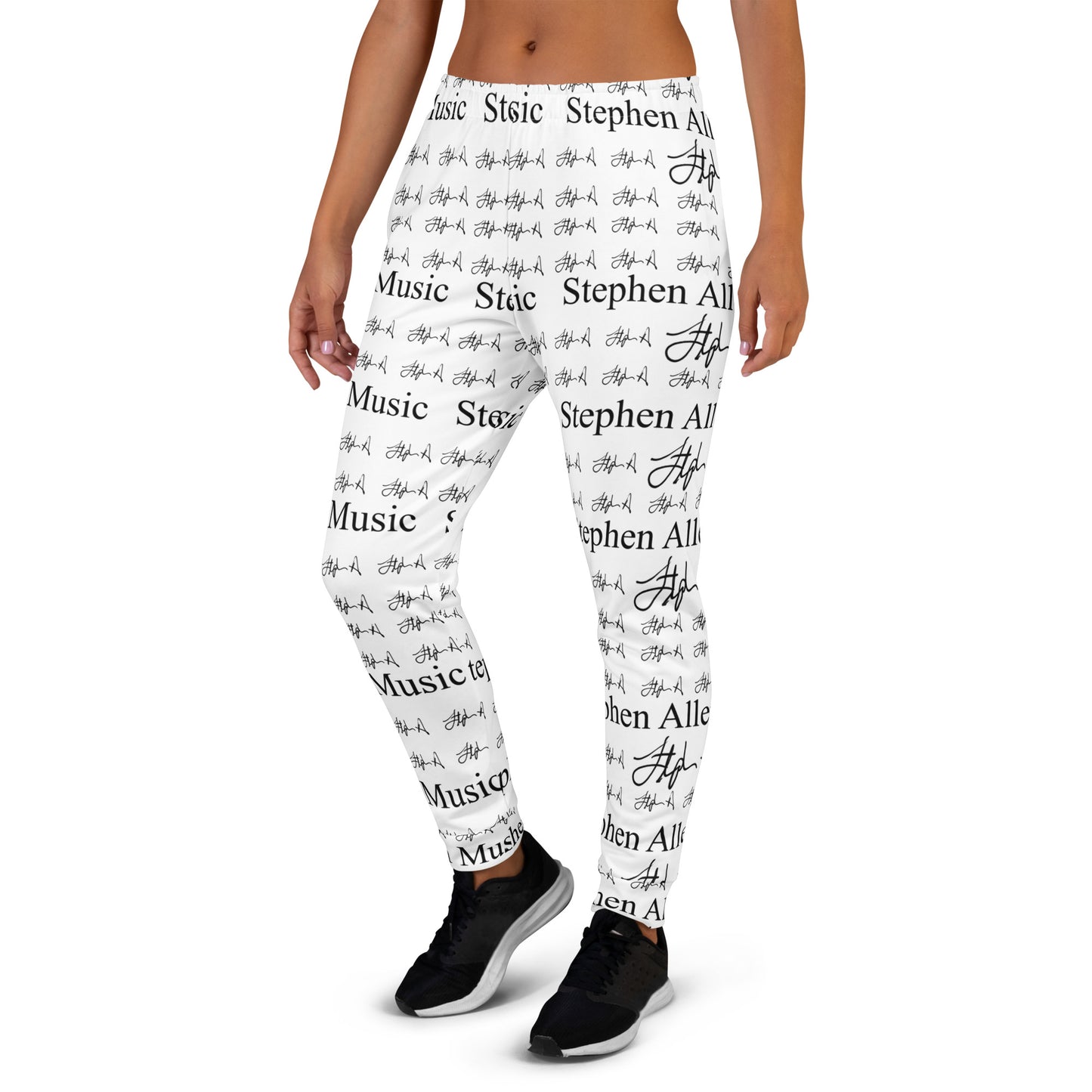 White leggings with a black repeating text and script pattern reading 'Stephen Allen Music ', shown on a model from the waist down against a plain white background.