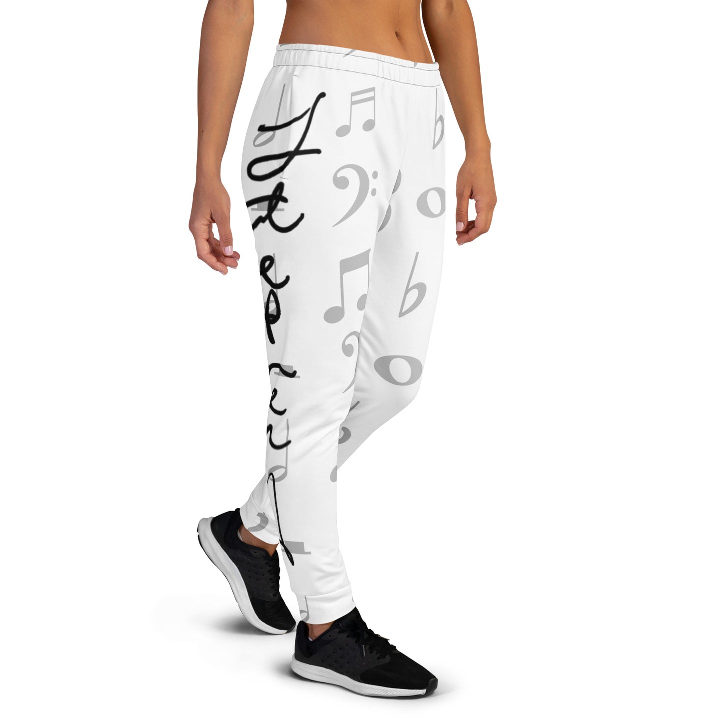 White jogger pants with musical note and script design worn by a person on a white background Stephen Allen Music