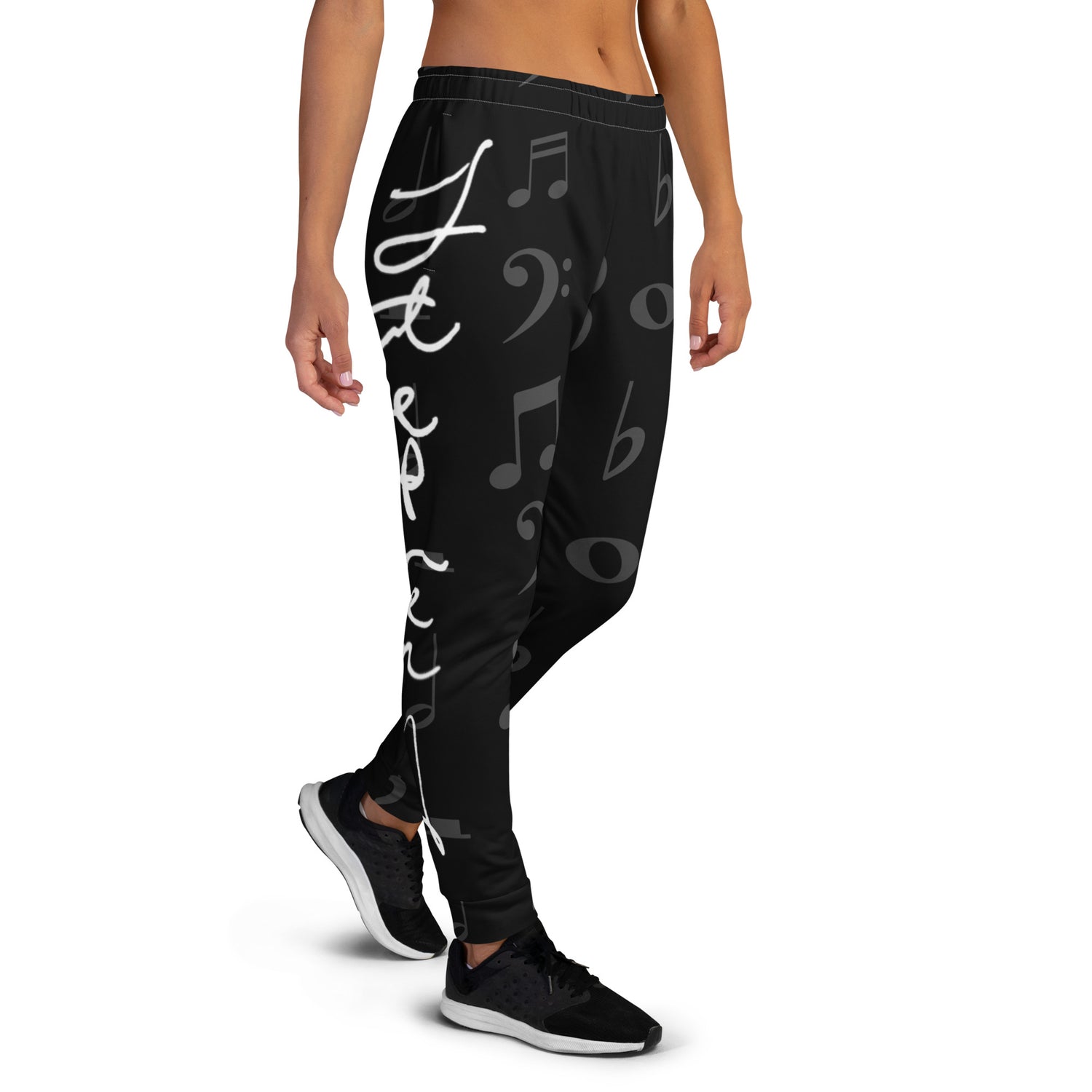 Black leggings with white musical notes and text on a white background Stephen Allen Music