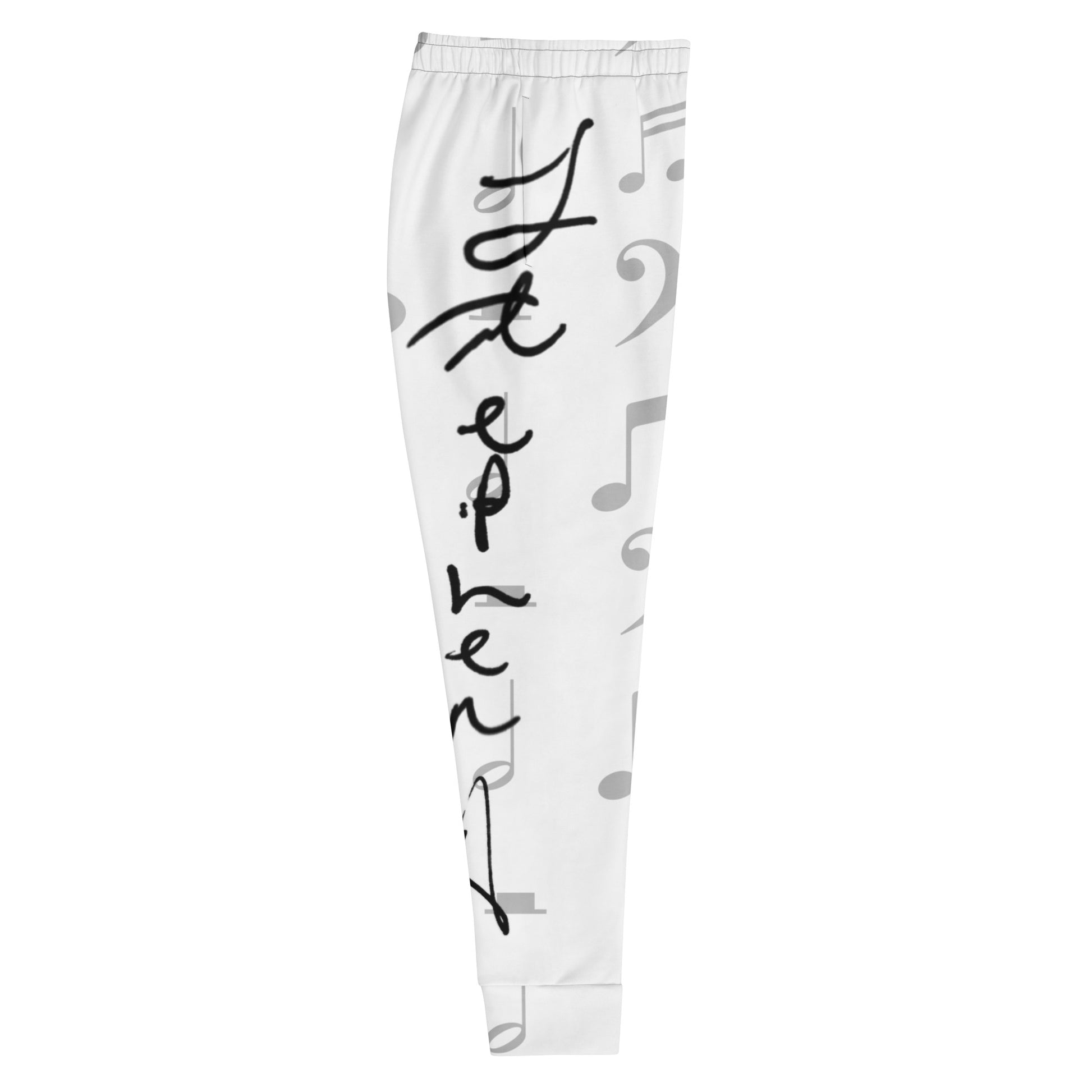 White pants with black text and musical notes on a white background Stephen Allen Music