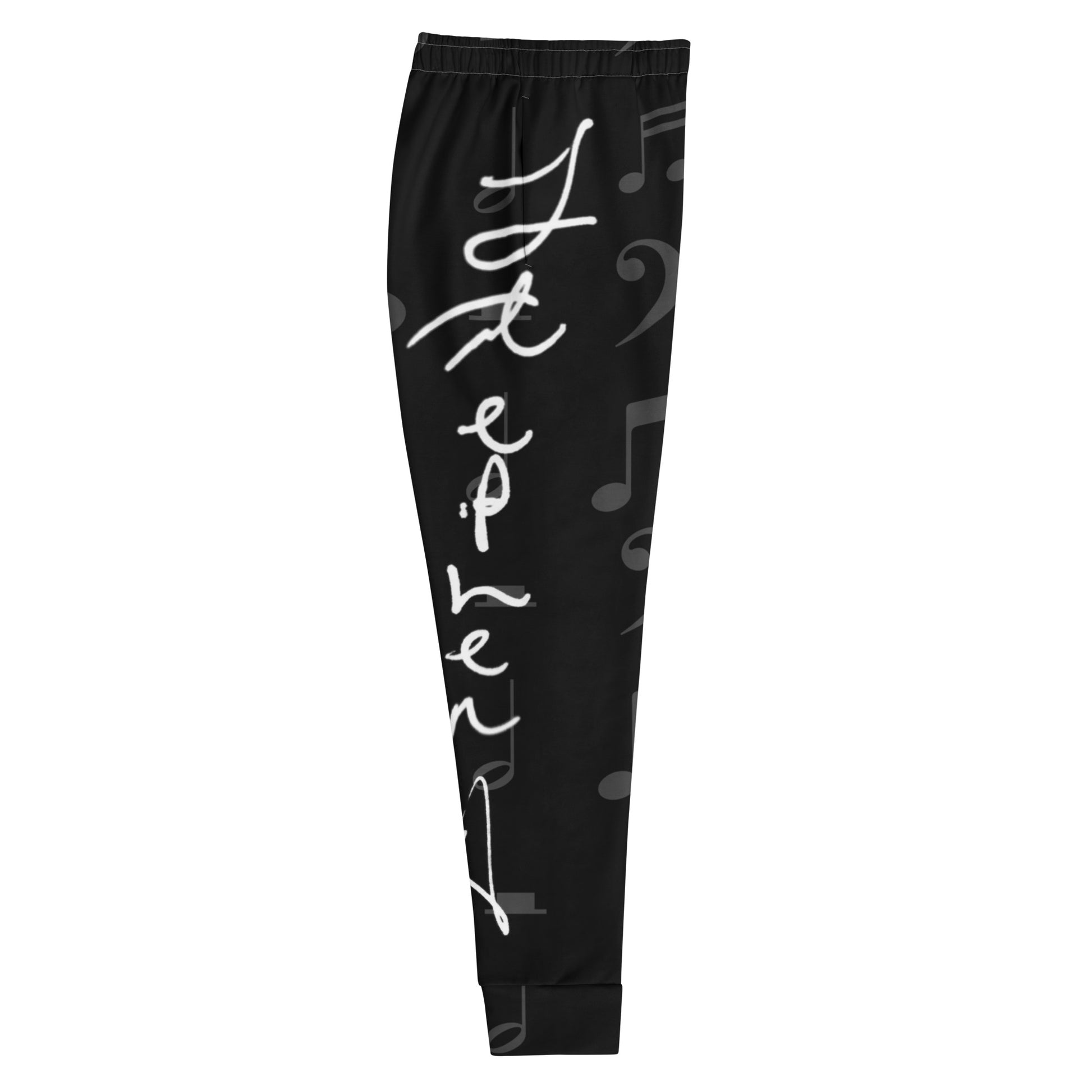 Black leggings with white text and musical notes on a white background Stephen Allen Music