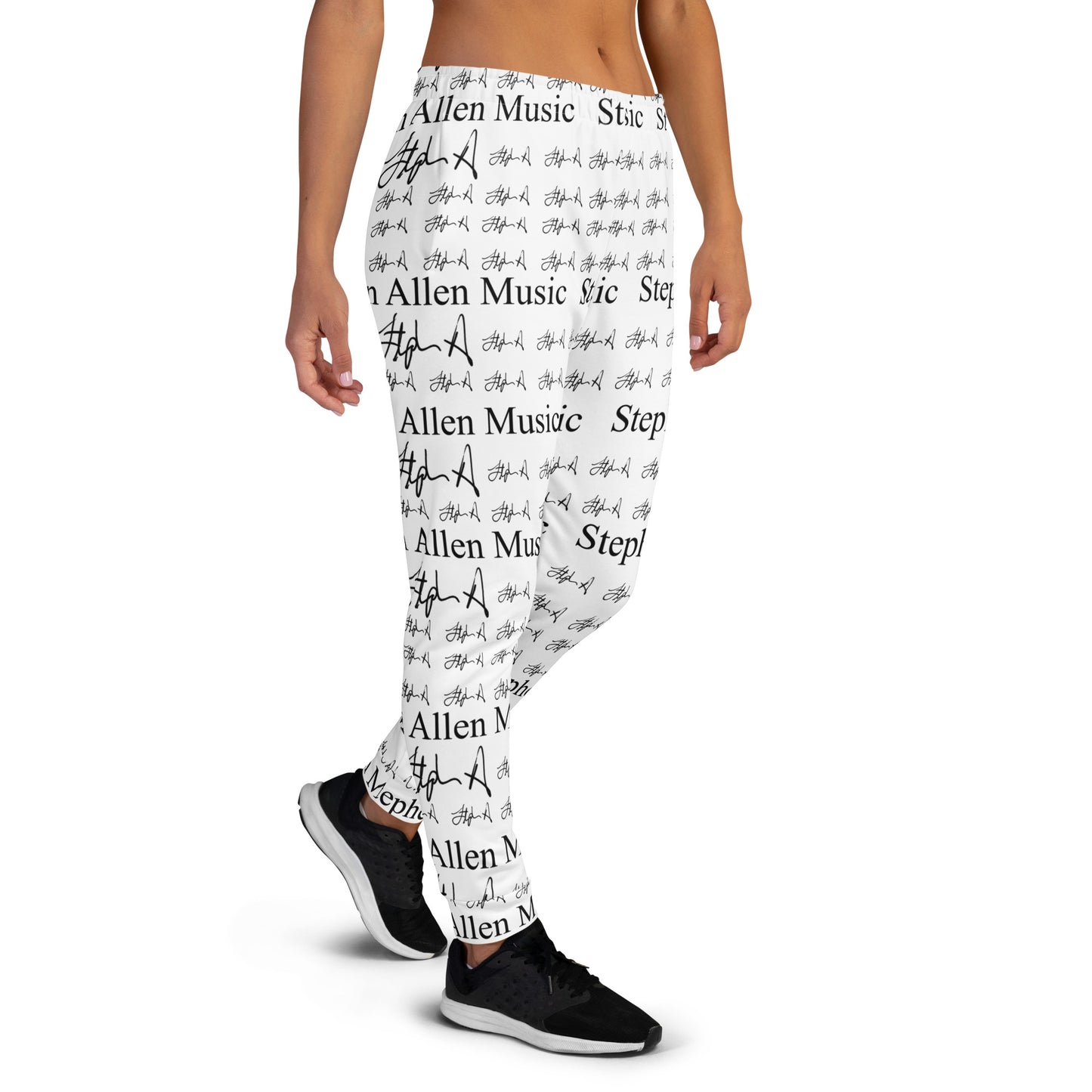 White leggings with a black repeating text and script pattern reading 'Stephen Allen Music ', shown on a model from the waist down against a plain white background.