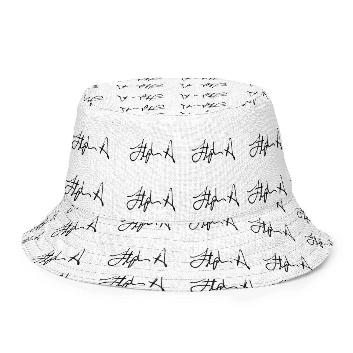 A white bucket hat with an all-over white script signature pattern, shown against a plain white background. Stephen Allen Music