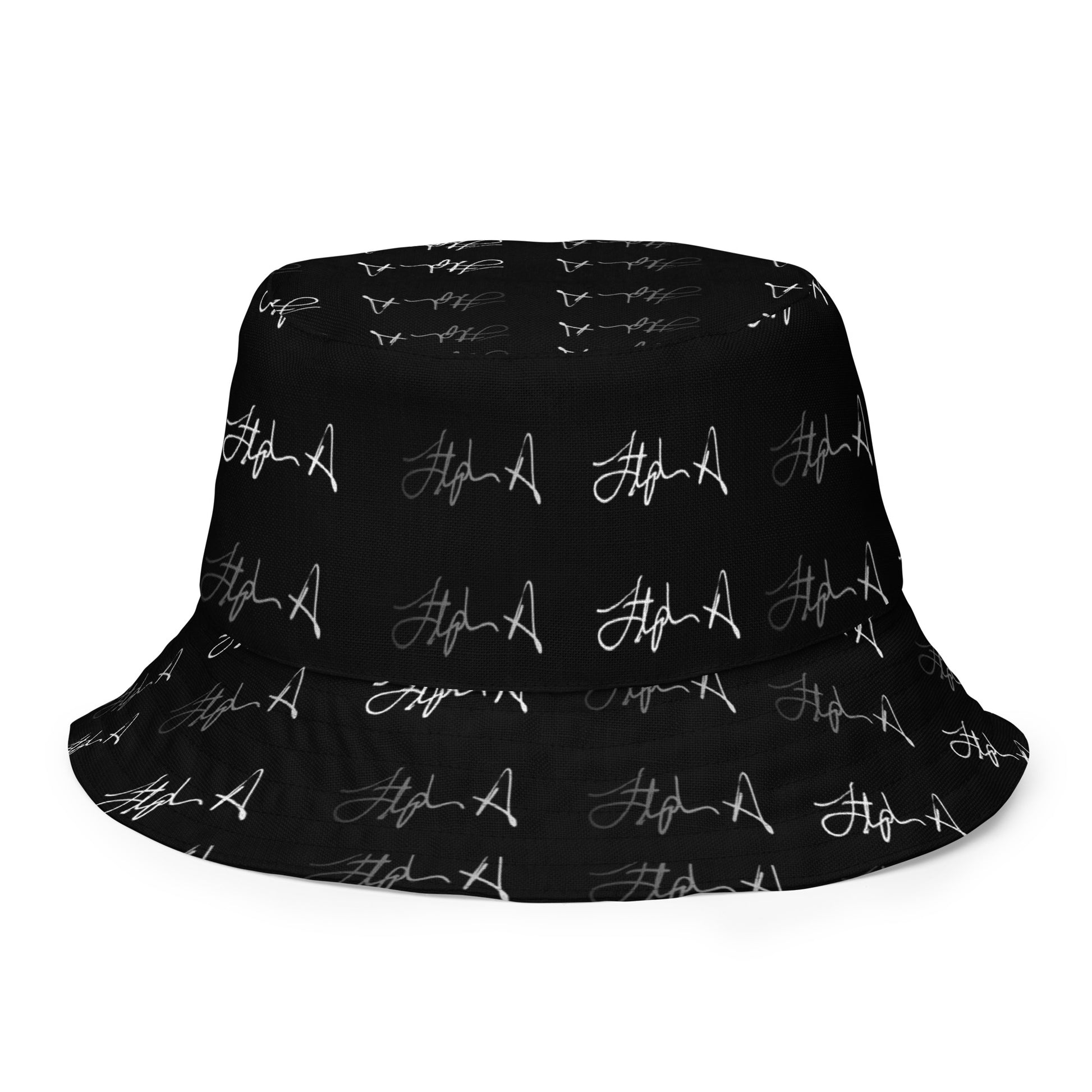 A black bucket hat with an all-over white script signature pattern, shown against a plain white background. Stephen Allen Music