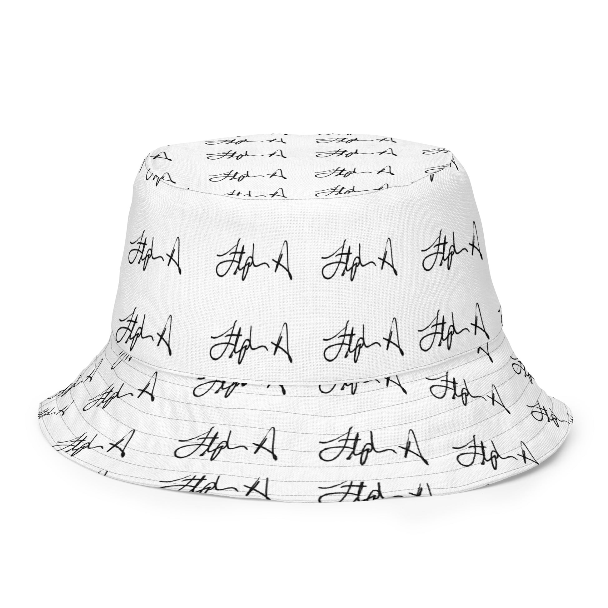 A white bucket hat with an all-over white script signature pattern, shown against a plain white background. Stephen Allen Music