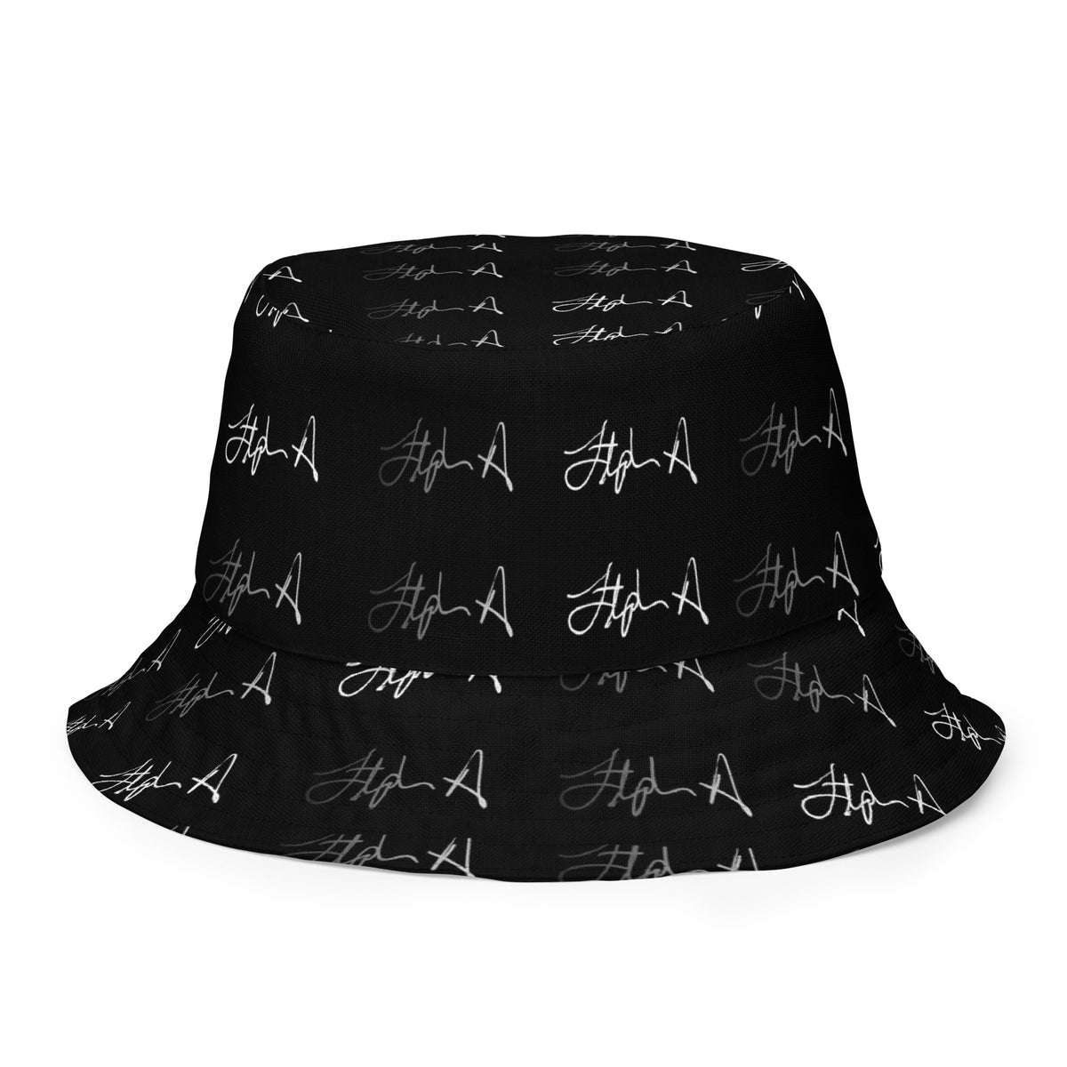 A black bucket hat with an all-over white script logo pattern, shown against a plain white background. Stephen Allen Music