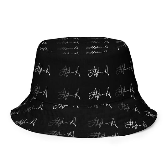 A black bucket hat with an all-over white script logo pattern, shown against a plain white background. Stephen Allen Music