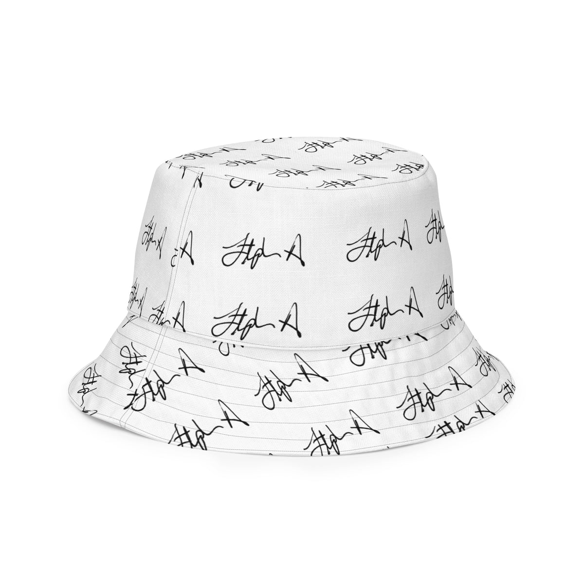 A white bucket hat with an all-over white script signature pattern, shown against a plain white background. Stephen Allen Music