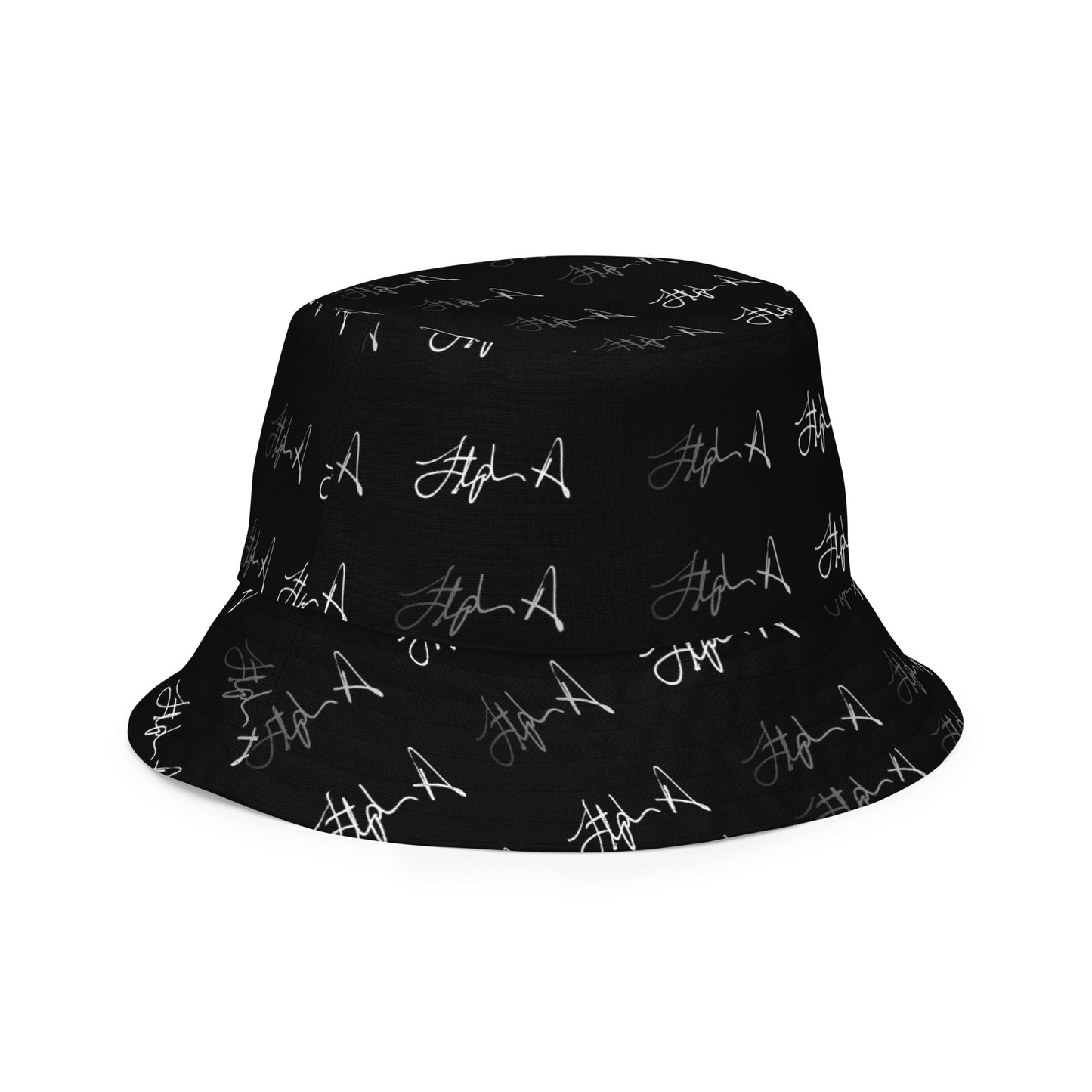 A black bucket hat with an all-over white script signature pattern, shown against a plain white background. Stephen Allen Music