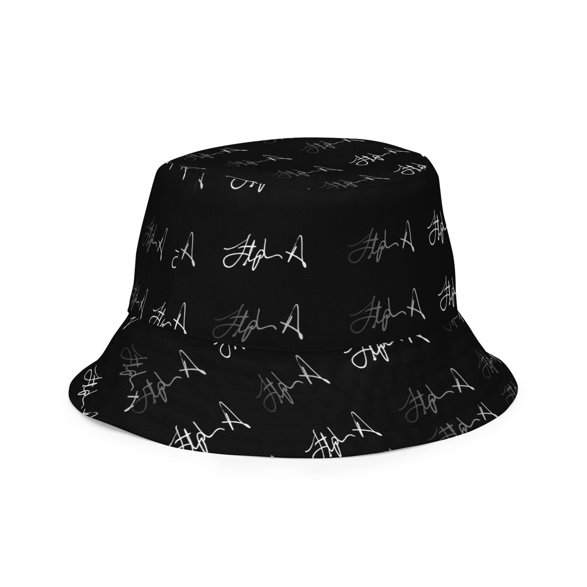 A black bucket hat with an all-over white script signature pattern, shown against a plain white background. Stephen Allen Music
