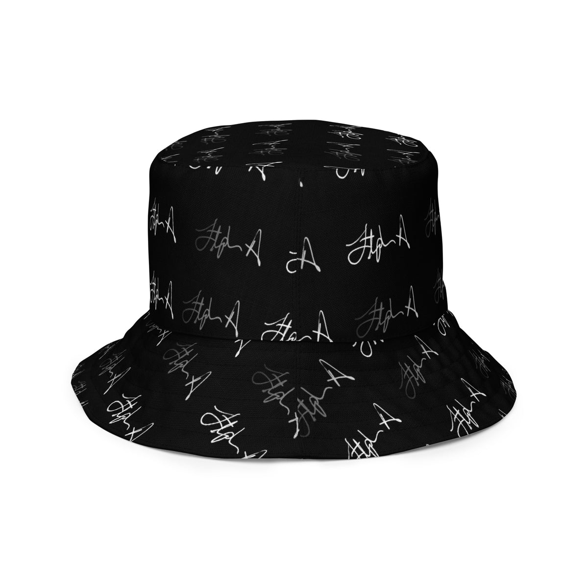 A black bucket hat with an all-over white script signature pattern, shown against a plain white background. Stephen Allen Music