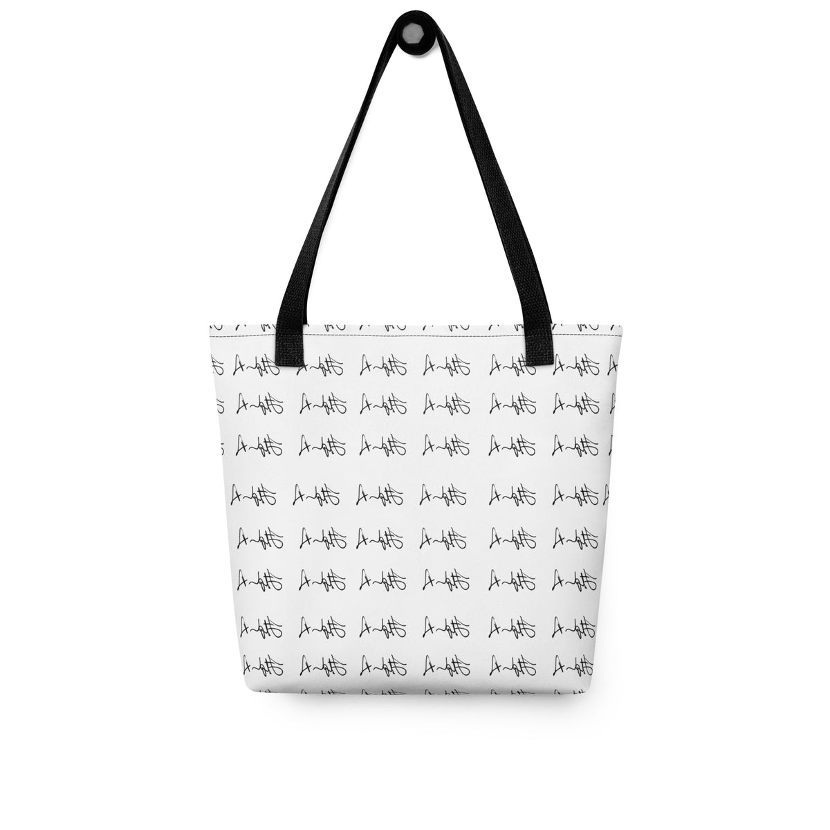 A white tote bag with black handles, featuring a repeating black graphic pattern of stylized figures across the front, shown against a plain white background. Stephen Allen Music