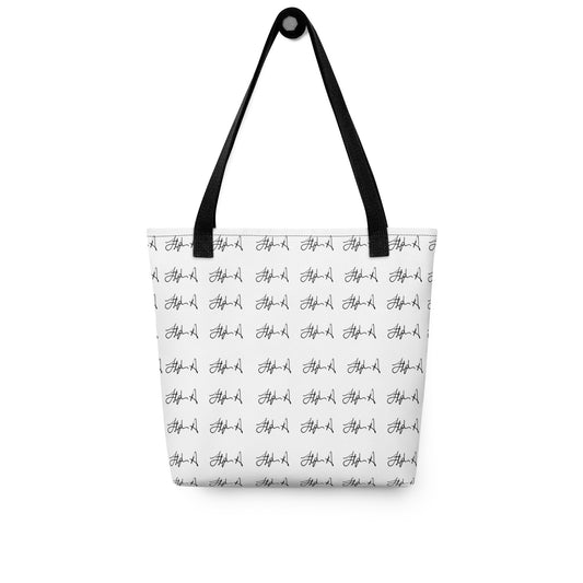 A white tote bag with black shoulder straps, featuring a repeating black script pattern across the front, shown against a plain white background. Stephen Allen Music