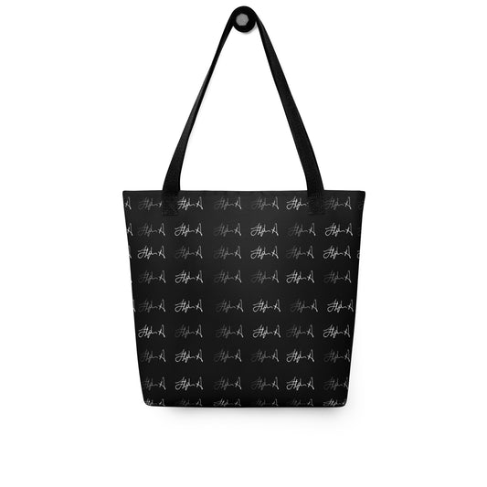 Black tote bag with decorative design on a white background Stephen Allen Music