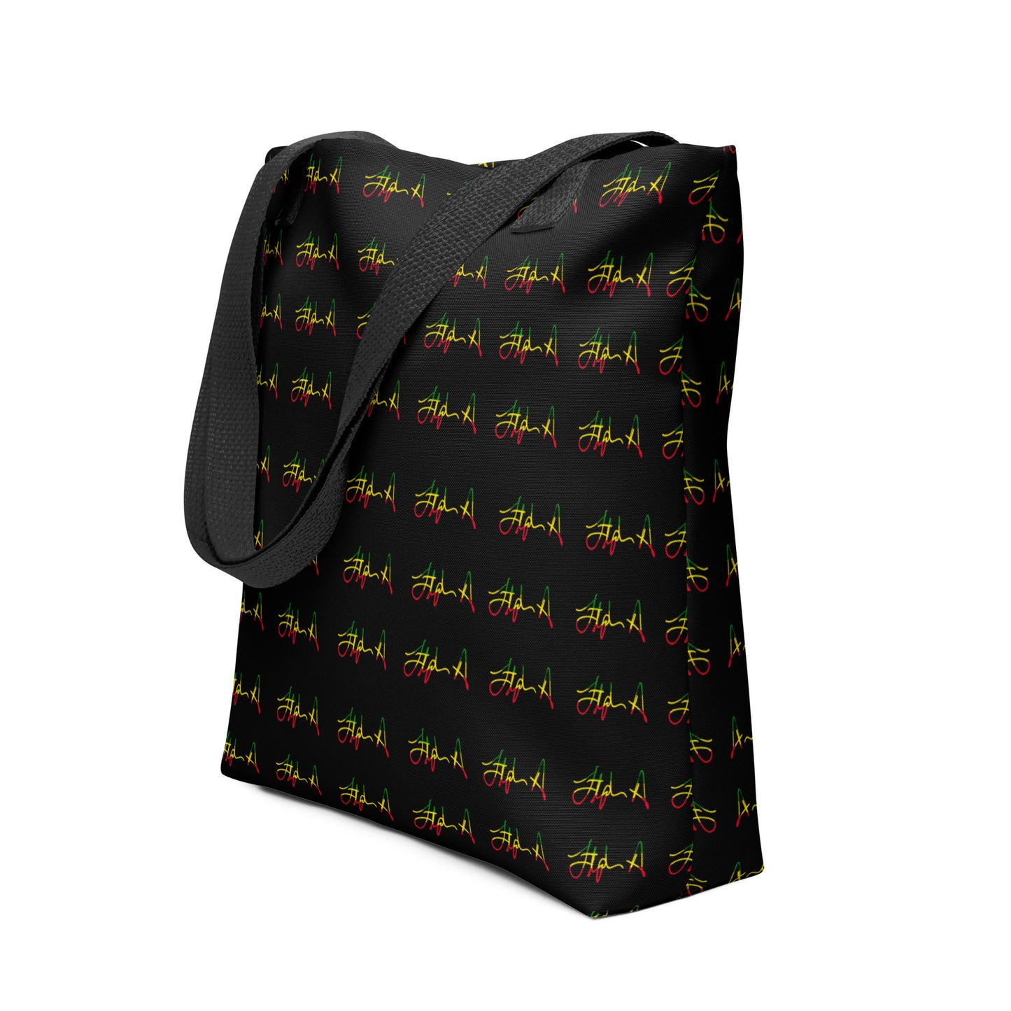 Black tote bag with gold text pattern on a white background Stephen Allen Music